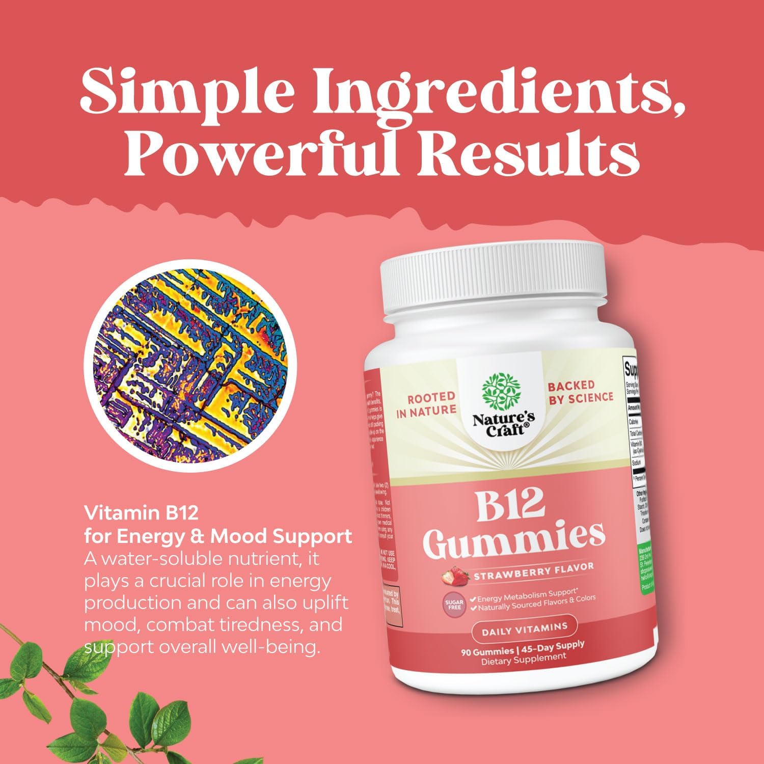 Sugar-Free Nature's Craft Vitamin B12 Gummies: 1000mcg Energy & Mood Support for Adults - Non-GMO & Gluten-Free - 90 Count