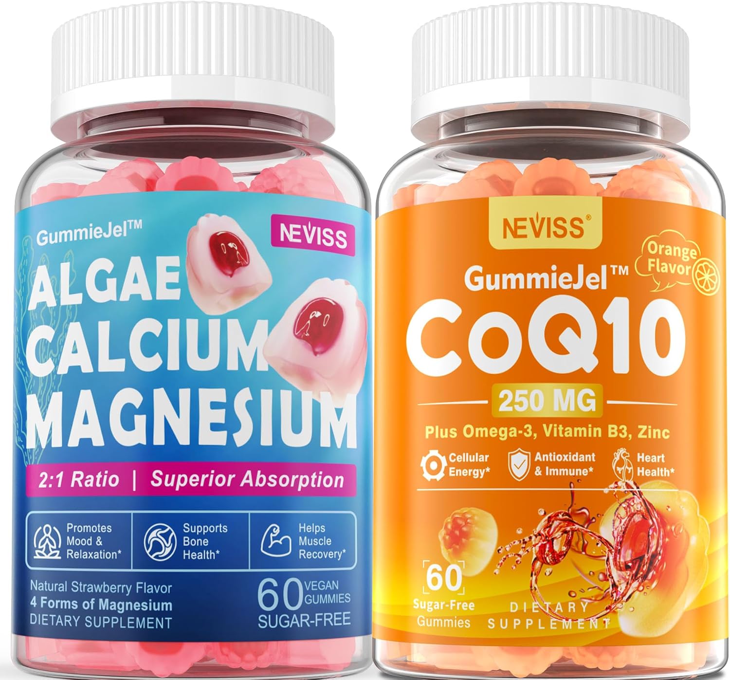 Sugar-Free Nevis Calcium Supplement Gummies with Algae Calcium Magnesium and CoQ10 - High Absorption Formula