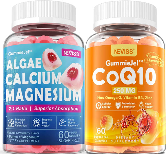 Sugar-Free Nevis Calcium Supplement Gummies with Algae Calcium Magnesium and CoQ10 - High Absorption Formula