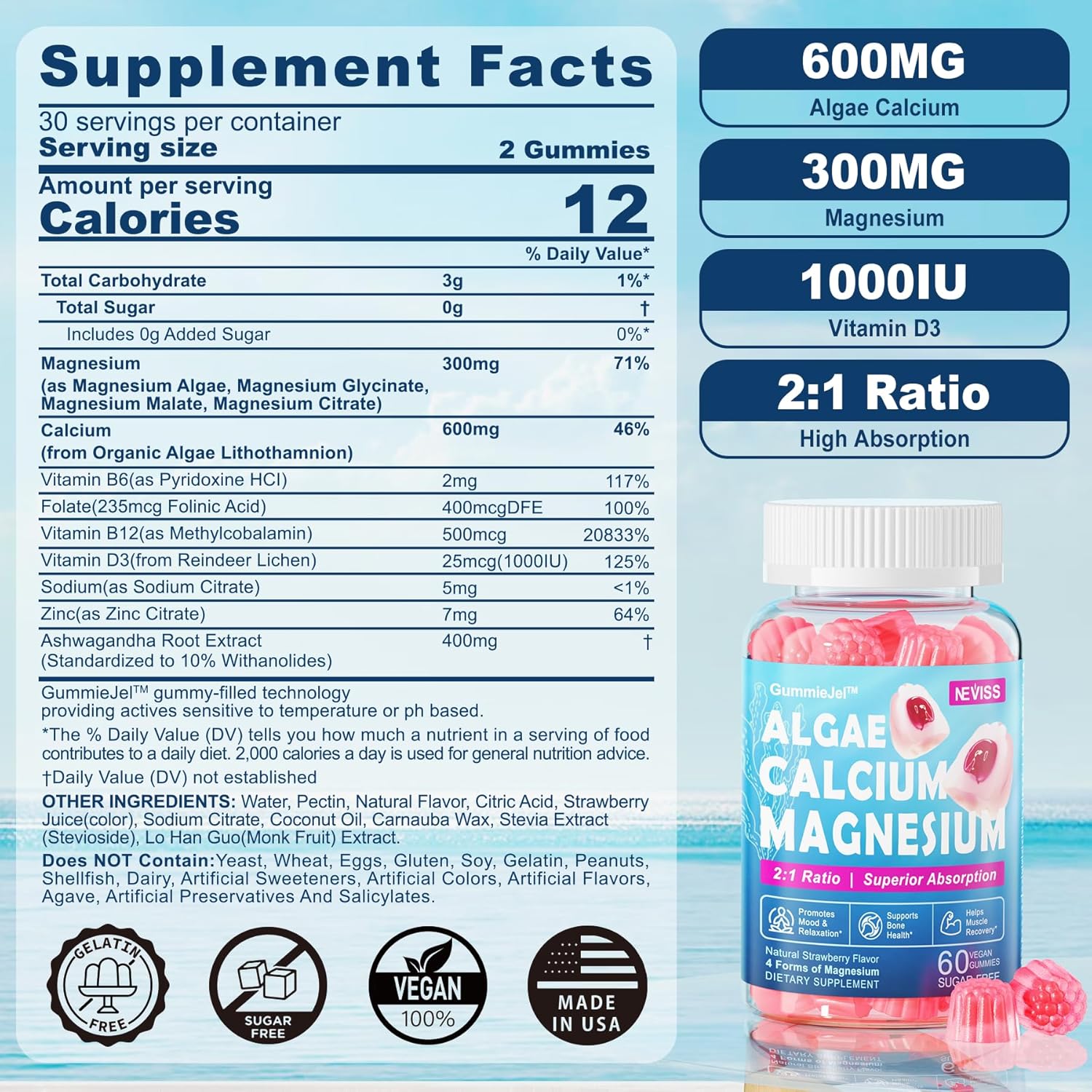 Sugar-Free Nevis Calcium Supplement Gummies with Algae Calcium Magnesium and CoQ10 - High Absorption Formula