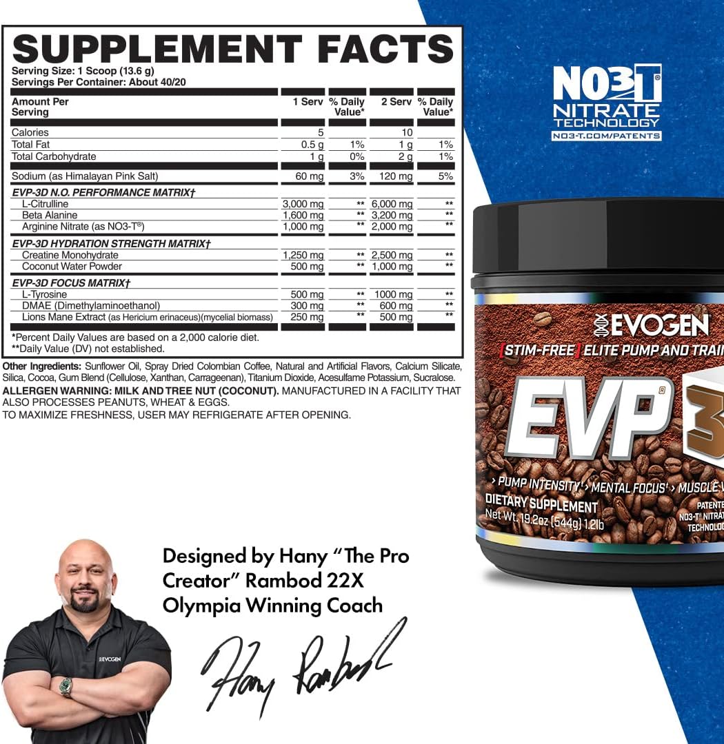 Sugar-Free Non-Stim Pre Workout Powder for Men & Women - Evogen EVP 3D Iced Mocha Coffee - 40 Servings