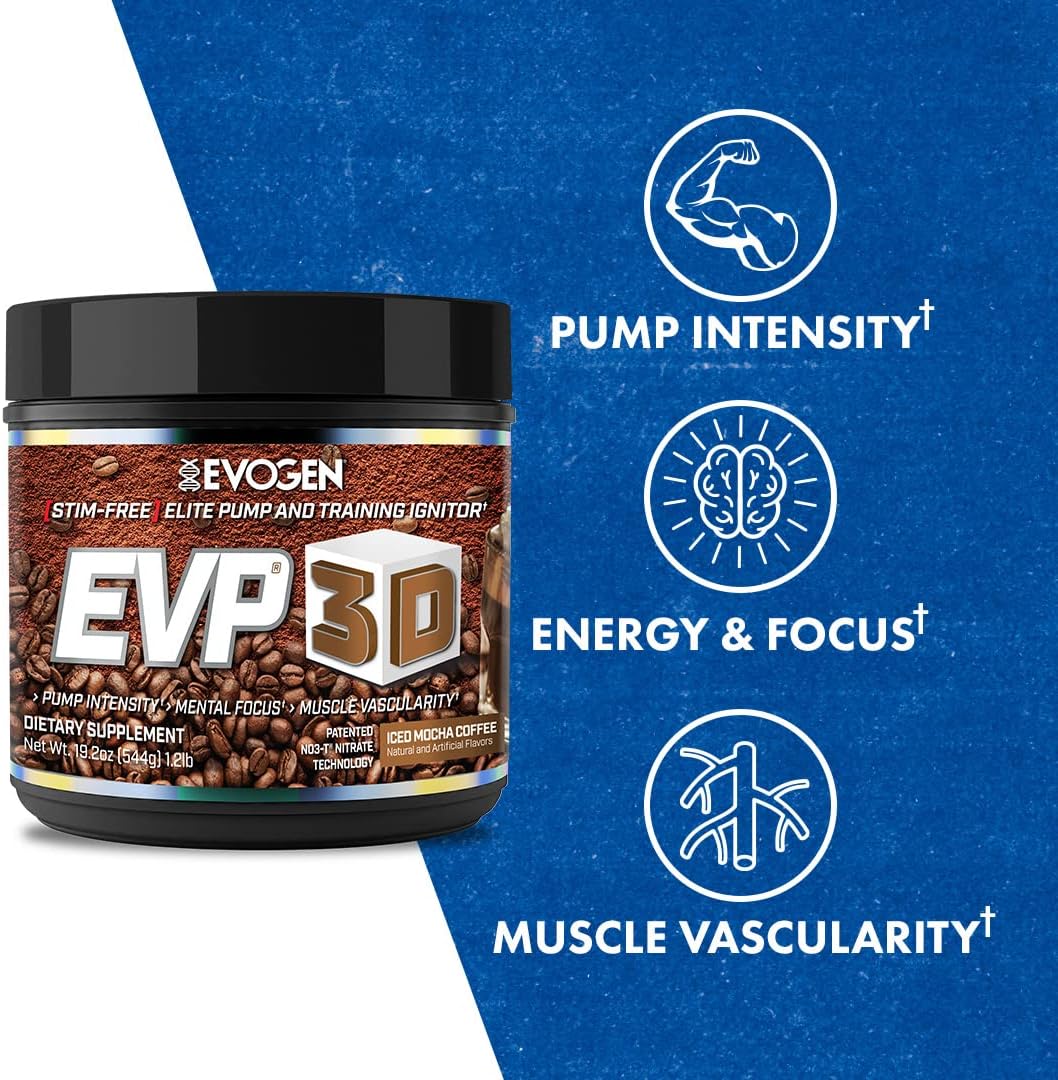 Sugar-Free Non-Stim Pre Workout Powder for Men & Women - Evogen EVP 3D Iced Mocha Coffee - 40 Servings