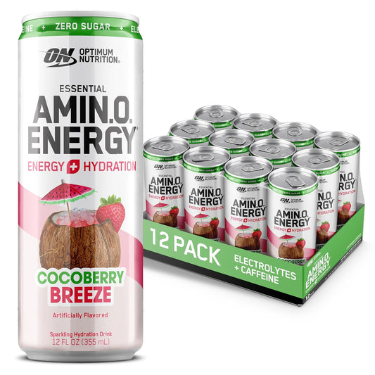 Sugar-Free Optimum Nutrition Amino Energy Sparkling Cocoberry Breeze Hydration Drink - 12 Fl Oz, 12 Pack with Electrolytes, Caffeine, Amino Acids, BCAAs