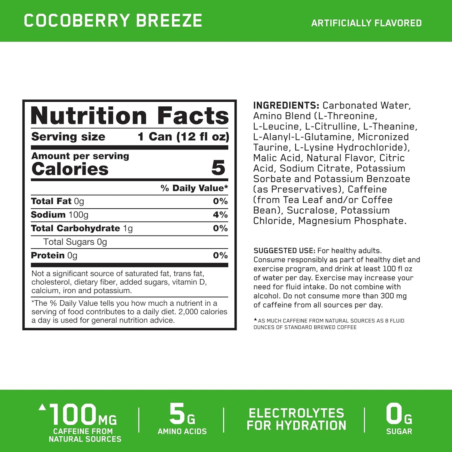 Sugar-Free Optimum Nutrition Amino Energy Sparkling Cocoberry Breeze Hydration Drink - 12 Fl Oz, 12 Pack with Electrolytes, Caffeine, Amino Acids, BCAAs