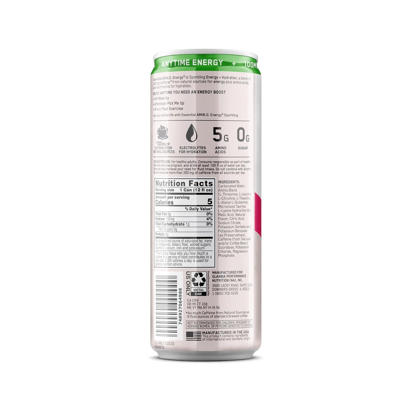 Sugar-Free Optimum Nutrition Amino Energy Sparkling Cocoberry Breeze Hydration Drink - 12 Fl Oz, 12 Pack with Electrolytes, Caffeine, Amino Acids, BCAAs