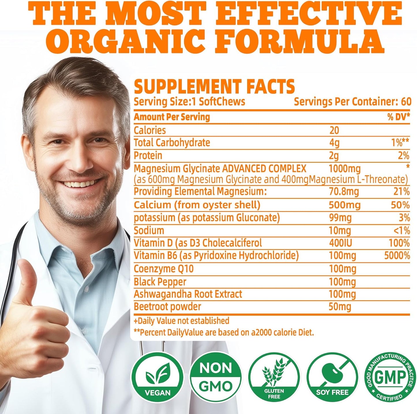 Sugar-Free Orange Flavored Magnesium Glycinate Soft Chews with Potassium, Vitamin D, B6, and CoQ10 for Calm Support & Sleep - 60 Day Supply for Adults