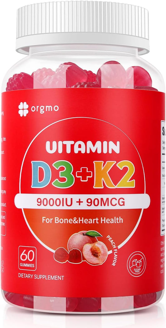 Sugar Free Peach Flavor Vitamin D3 K2 Gummies 10000IU for Women, 60 Count Immune Support Supplement