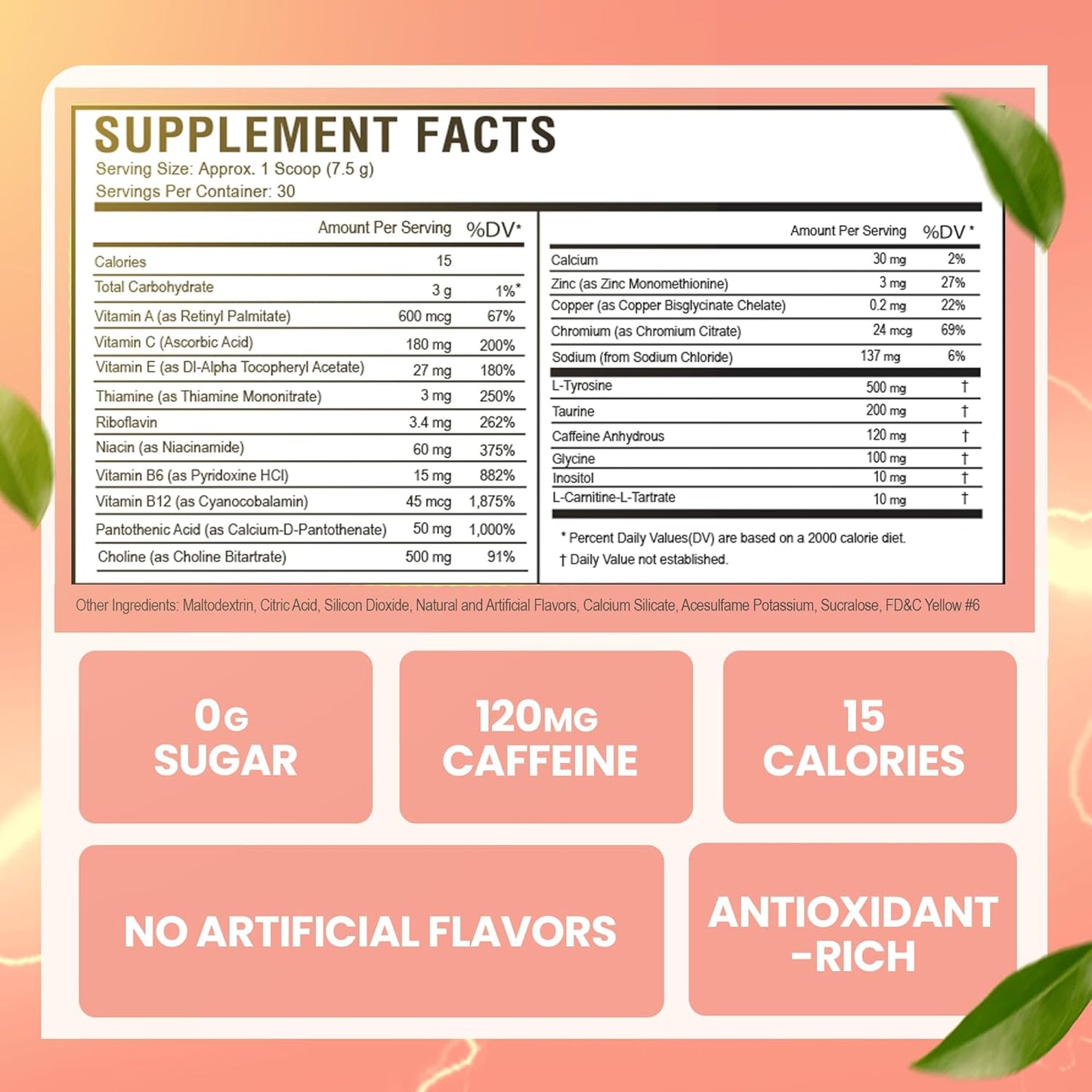 Sugar-Free Peach Rita Morning Buzz Energy Drink Powder - Antioxidant-Rich Energy Boost Mix - 30 Servings for Sports Nutrition and Morning Kickstart - 8 Ounces