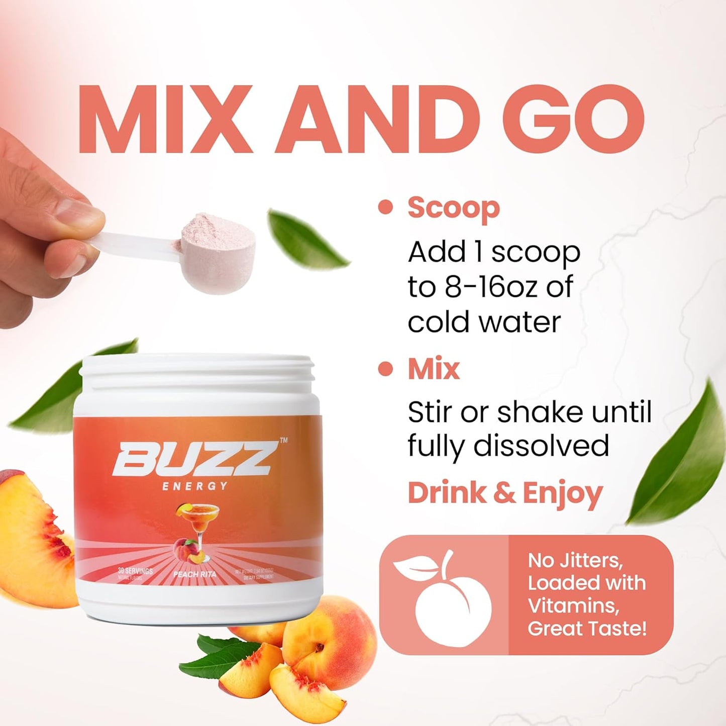 Sugar-Free Peach Rita Morning Buzz Energy Drink Powder - Antioxidant-Rich Energy Boost Mix - 30 Servings for Sports Nutrition and Morning Kickstart - 8 Ounces