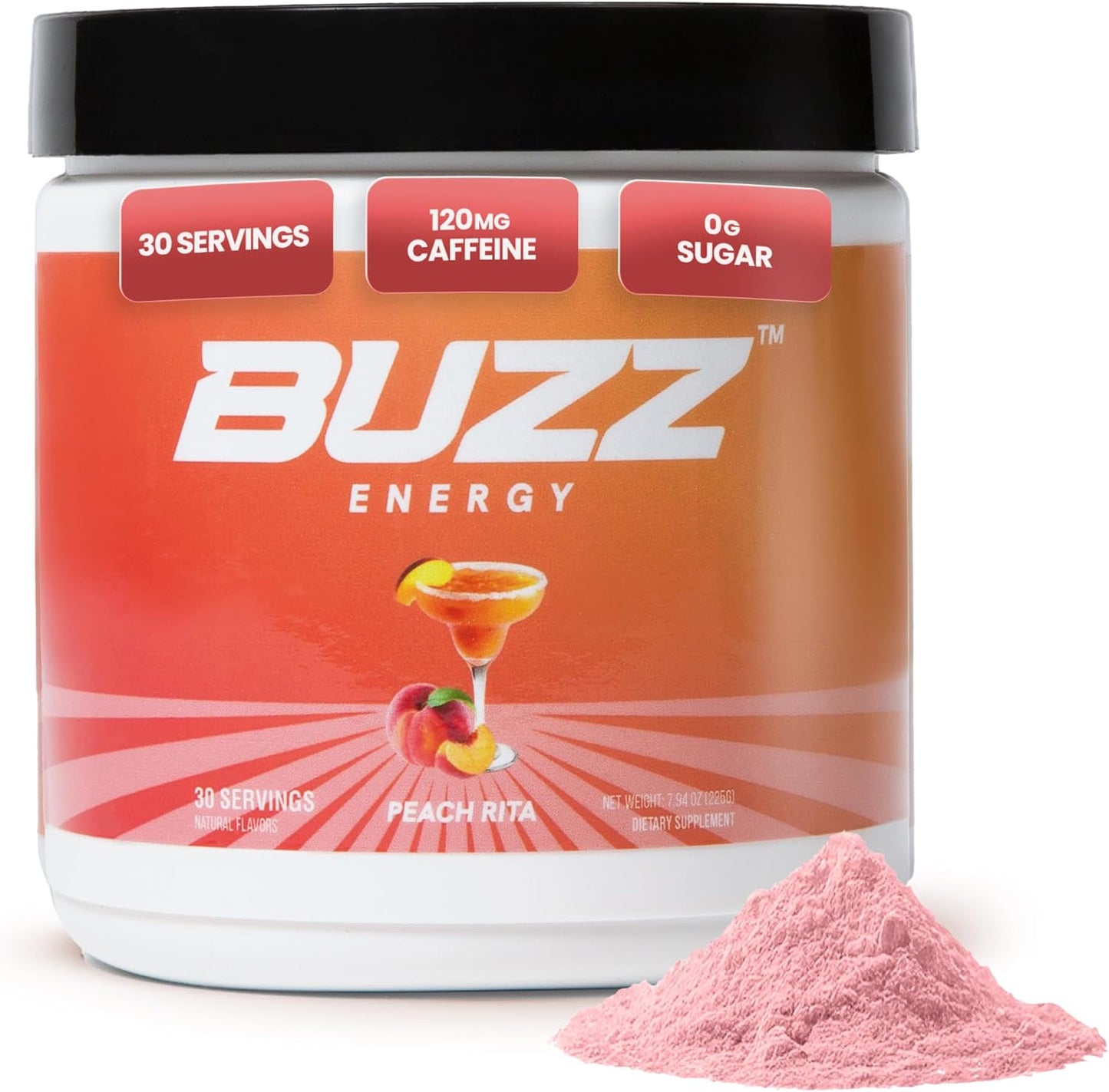 Sugar-Free Peach Rita Morning Buzz Energy Drink Powder - Antioxidant-Rich Energy Boost Mix - 30 Servings for Sports Nutrition and Morning Kickstart - 8 Ounces