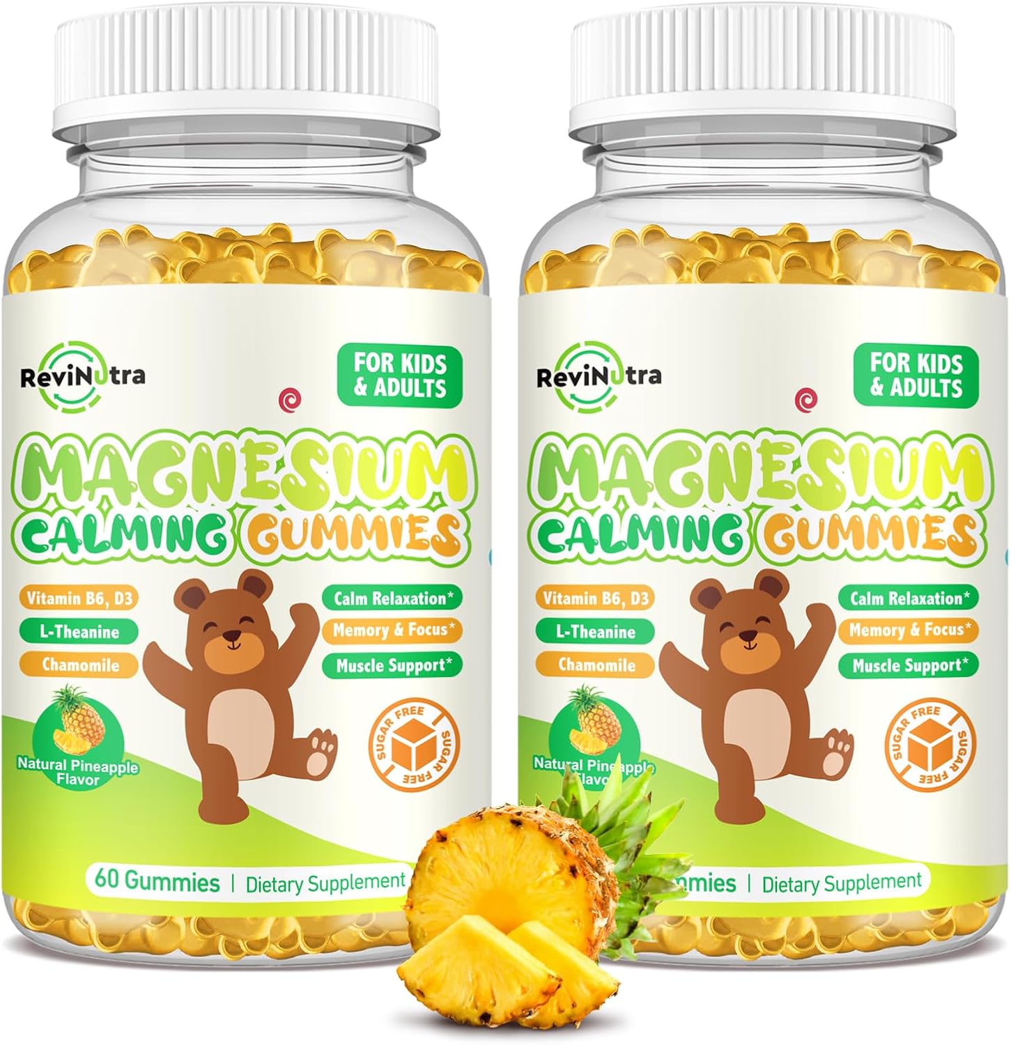 Sugar-Free Pineapple Magnesium Gummies for Kids & Adults - Magnesium Glycinate with L-Theanine, Vitamin B6, D3 for Sleep, Relaxation, Brain Health, and Strong Bones - 120 Count