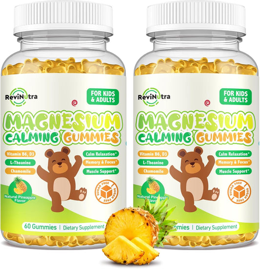 Sugar-Free Pineapple Magnesium Gummies for Kids & Adults - Magnesium Glycinate with L-Theanine, Vitamin B6, D3 for Sleep, Relaxation, Brain Health, and Strong Bones - 120 Count