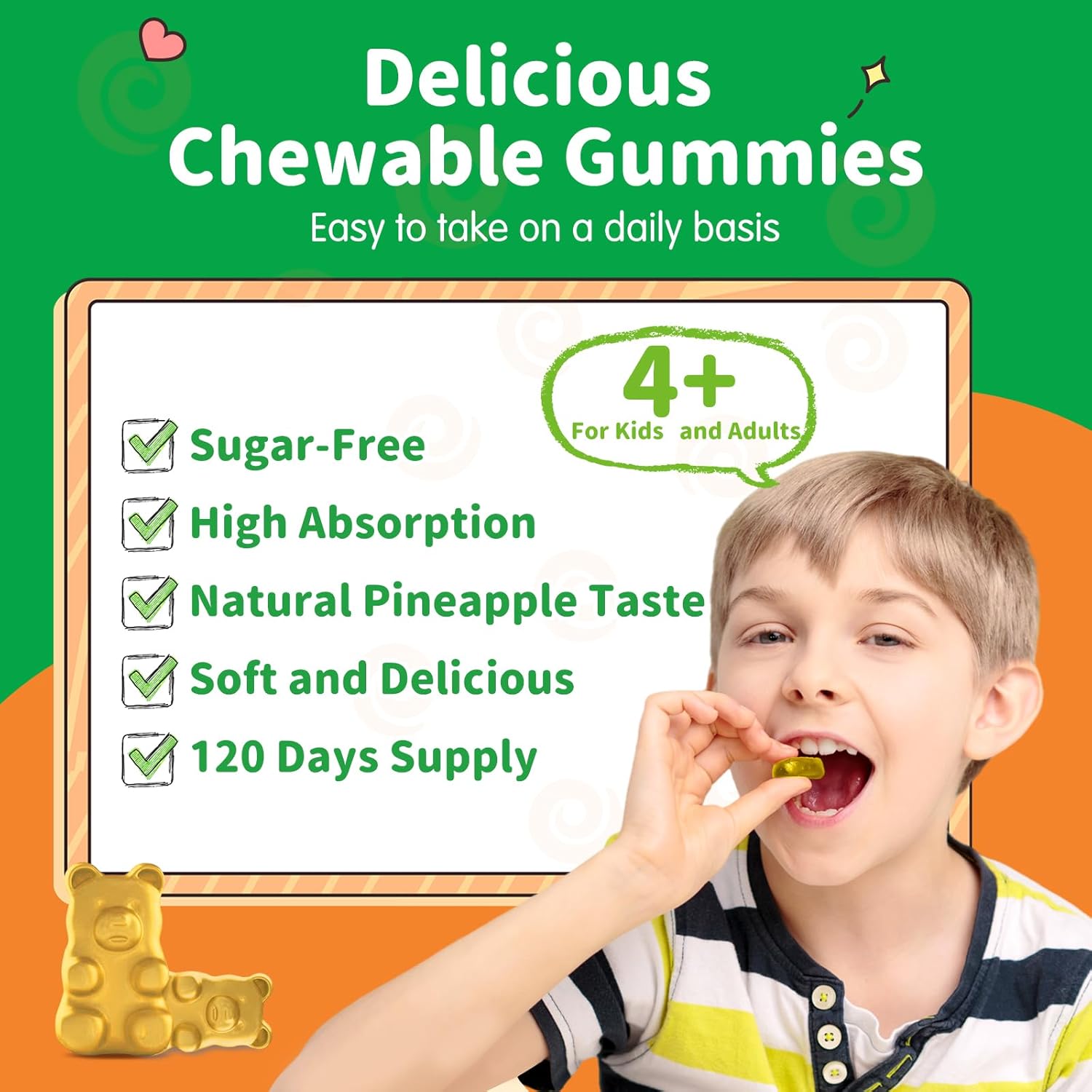 Sugar-Free Pineapple Magnesium Gummies for Kids & Adults - Magnesium Glycinate with L-Theanine, Vitamin B6, D3 for Sleep, Relaxation, Brain Health, and Strong Bones - 120 Count