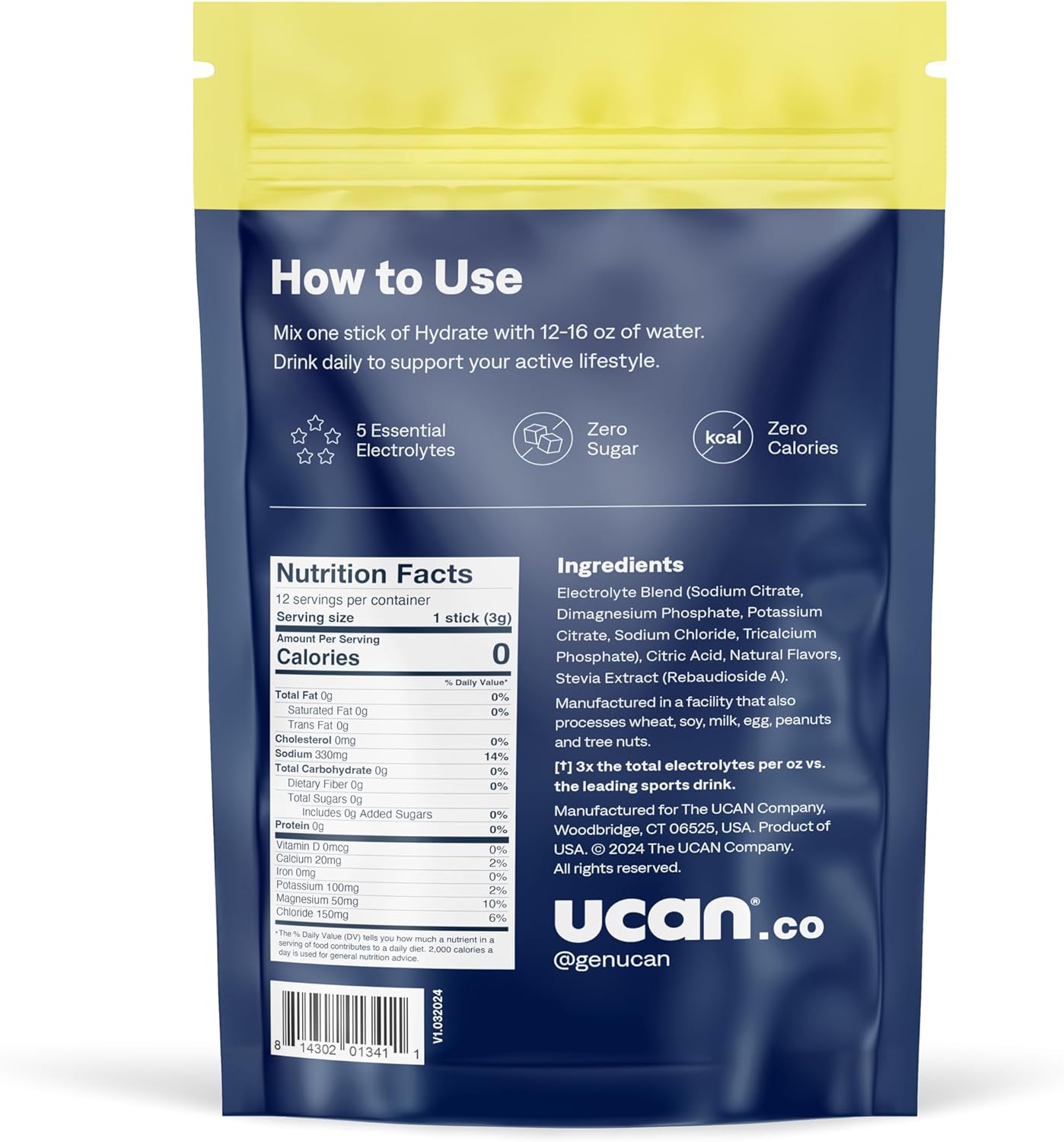 Sugar-Free Pineapple UCAN Hydrate Electrolyte Drink Mix - 12 Stickpacks (Keto, Vegan, Non-GMO, Gluten-Free) - Potassium & Magnesium for Athletes