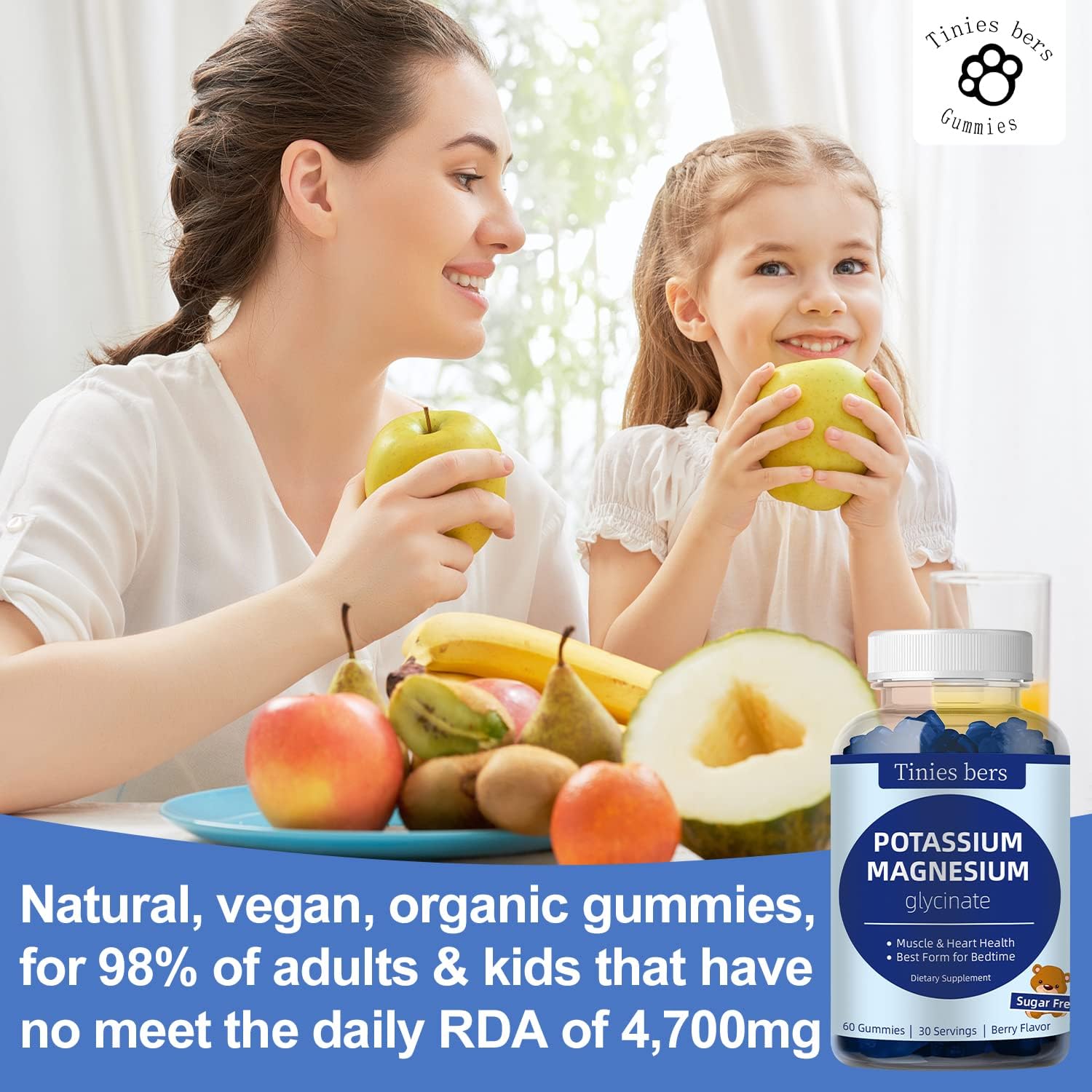 Sugar-Free Potassium Magnesium Gummies for Adults and Kids - Supports Muscle, Heart Health, and Sleep - Vegan and Non-GMO - Berry Flavor - 60 Count