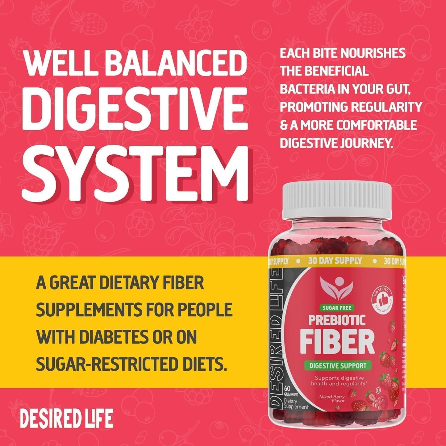 Sugar Free Prebiotic Fiber Gummies - Mixed Berry Flavored Plant Supplement for Adults & Kids - Promotes Digestive Health & Regularity - 60 Count Pack