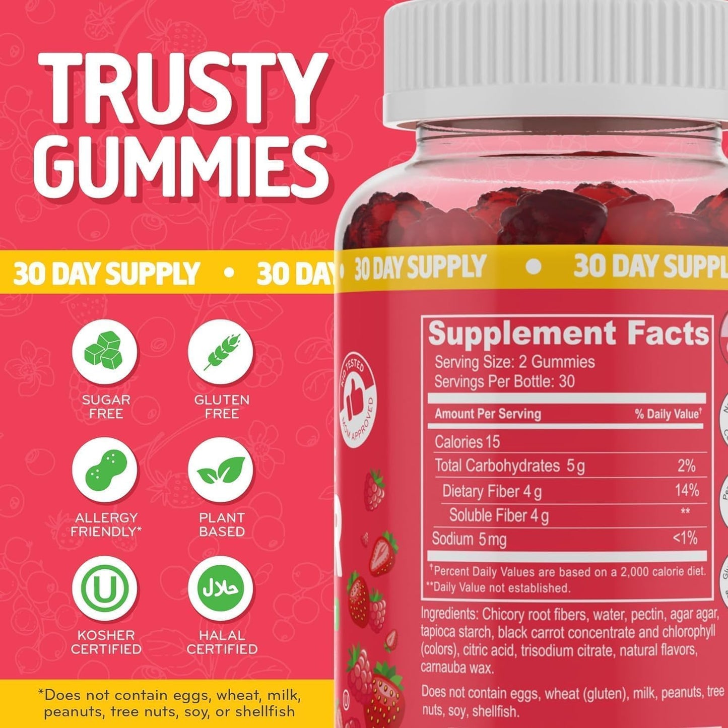 Sugar Free Prebiotic Fiber Gummies - Mixed Berry Flavored Plant Supplement for Adults & Kids - Promotes Digestive Health & Regularity - 60 Count Pack