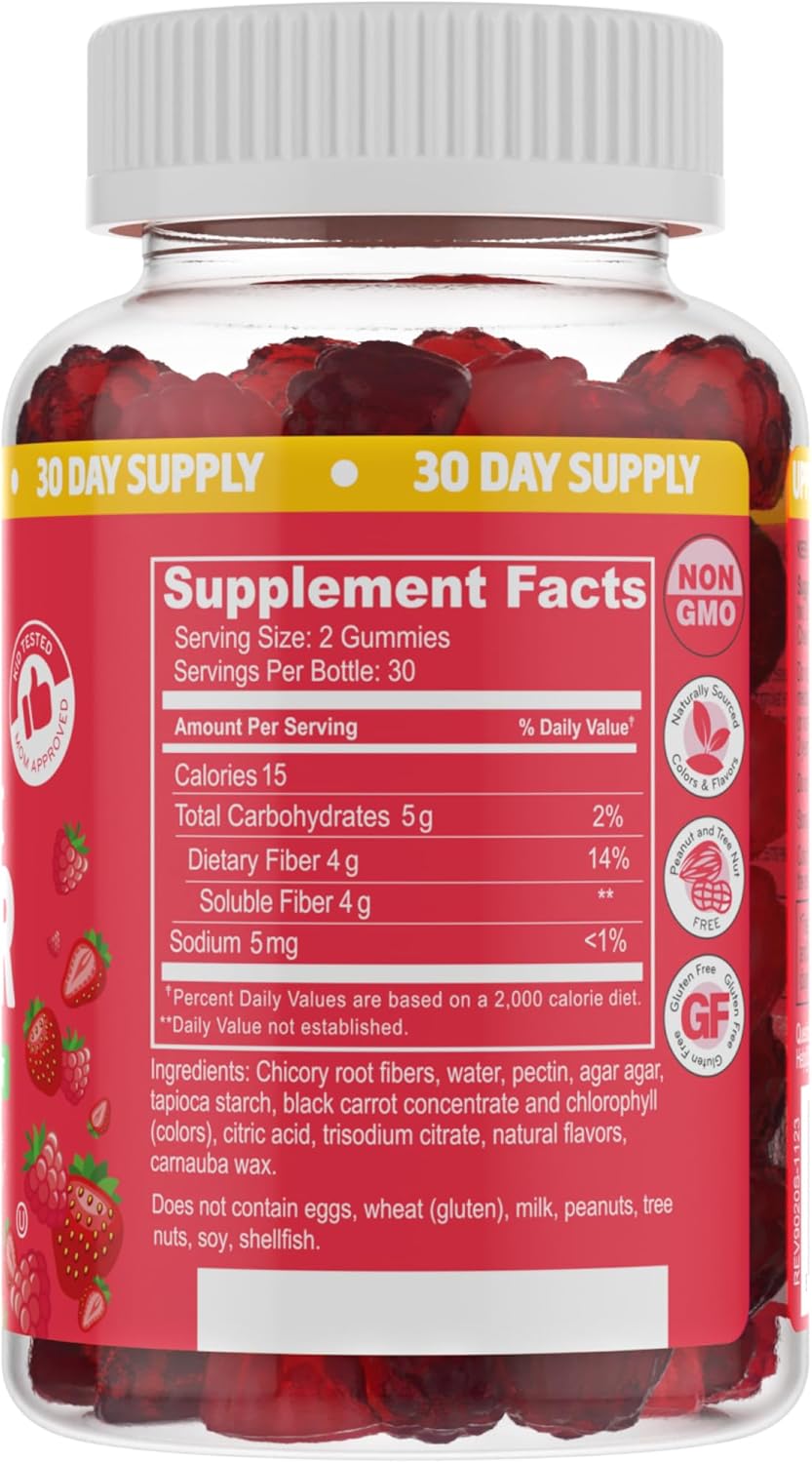 Sugar Free Prebiotic Fiber Gummies - Mixed Berry Flavored Plant Supplement for Adults & Kids - Promotes Digestive Health & Regularity - 60 Count Pack