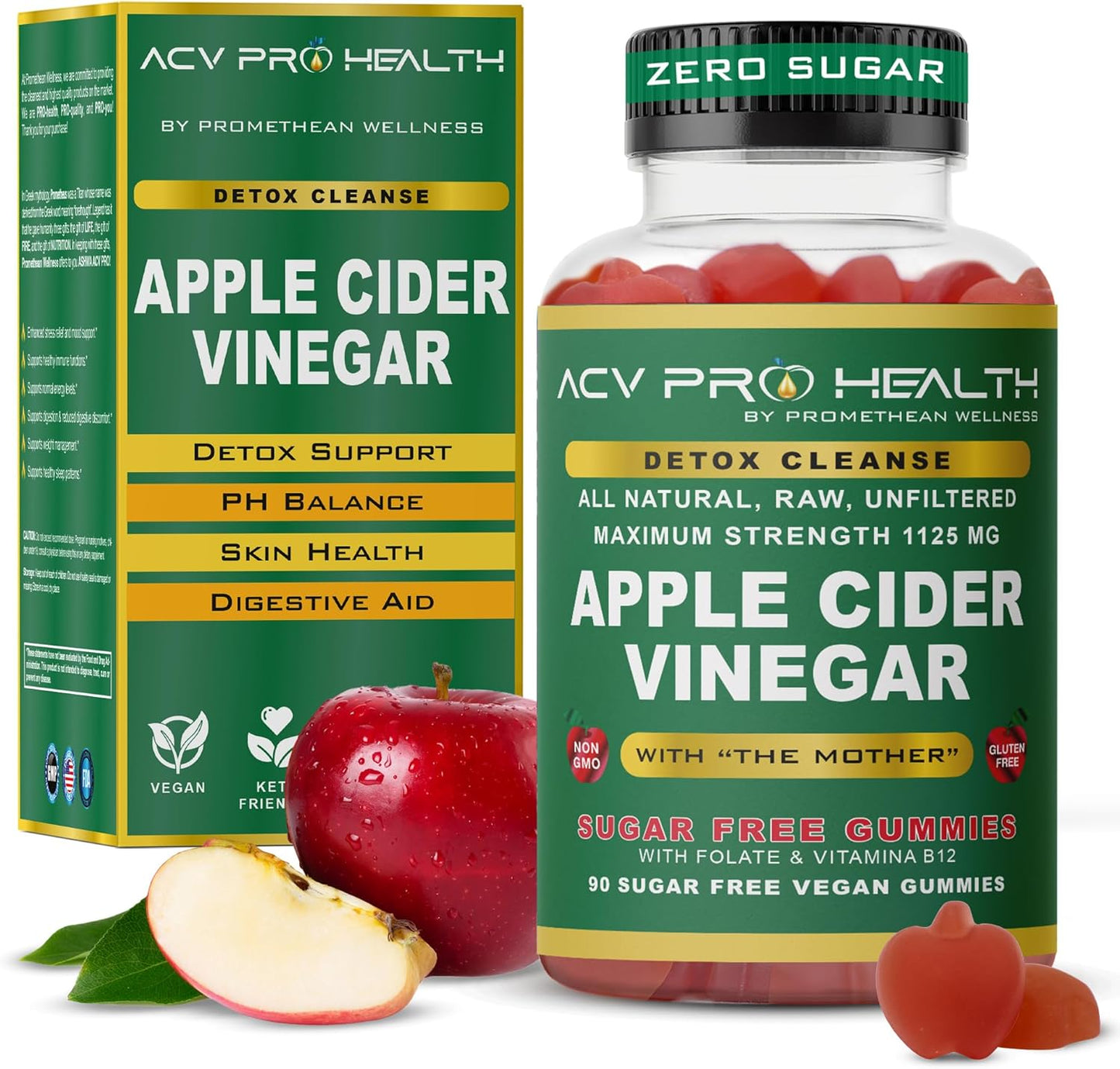 Sugar-Free Promethean Wellness Apple Cider Vinegar Gummies - Low Carb Keto Detox Cleanse (2-Pack)