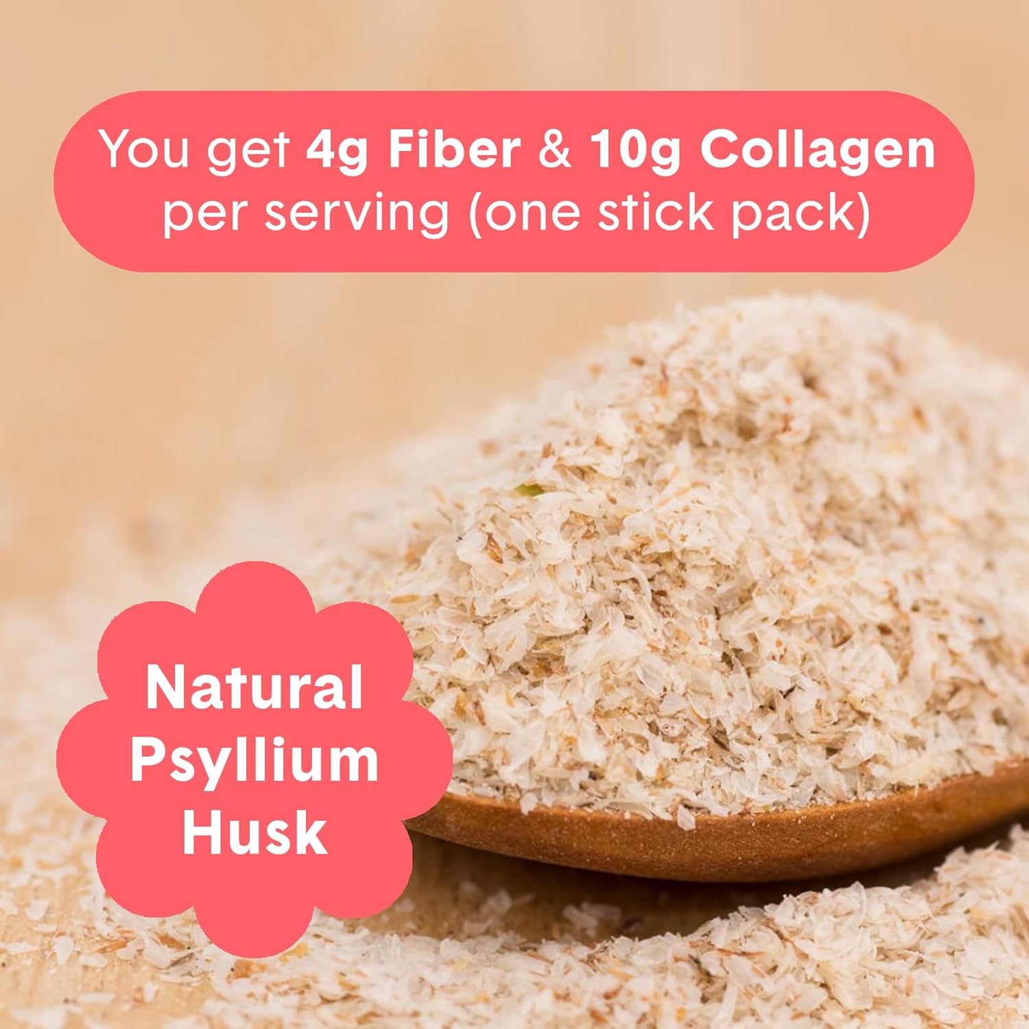 Sugar-Free Psyllium Husk & Collagen Packets for Gut Health & Healthy Skin, Nails, Bones, Joints - Strawberry Lemonade (10 Pack)