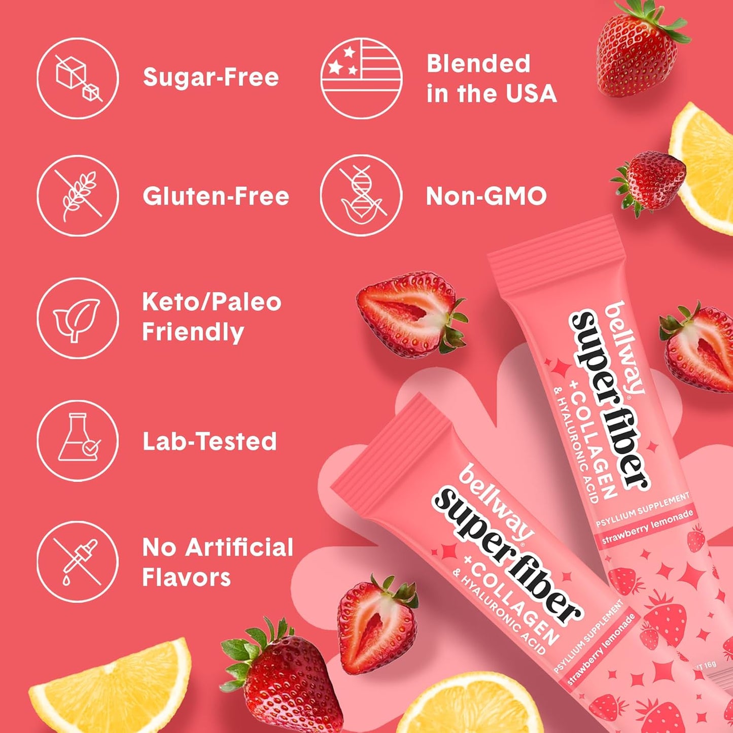 Sugar-Free Psyllium Husk & Collagen Packets for Gut Health & Healthy Skin, Nails, Bones, Joints - Strawberry Lemonade (10 Pack)