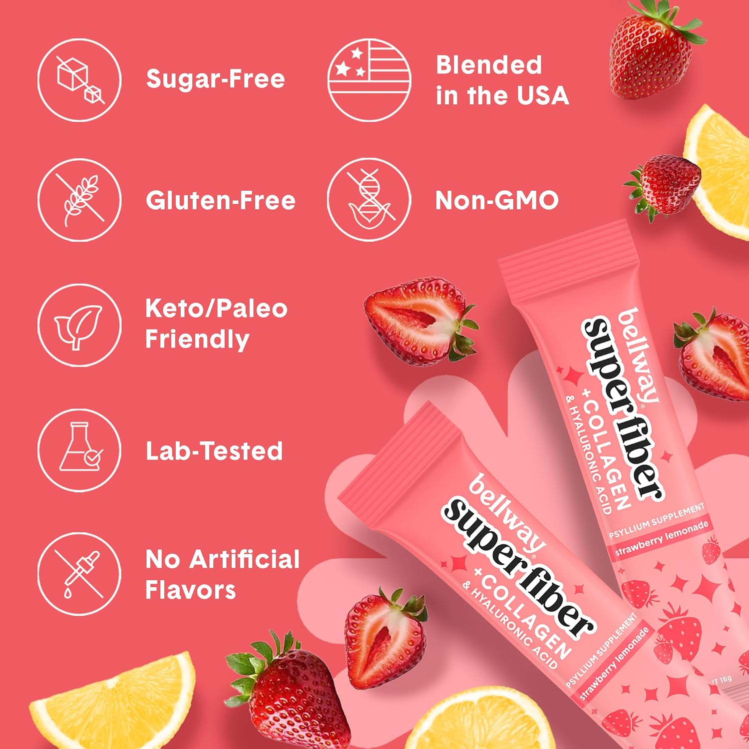 Sugar-Free Psyllium Husk & Collagen Packets for Gut Health & Healthy Skin, Nails, Bones, Joints - Strawberry Lemonade (10 Pack)