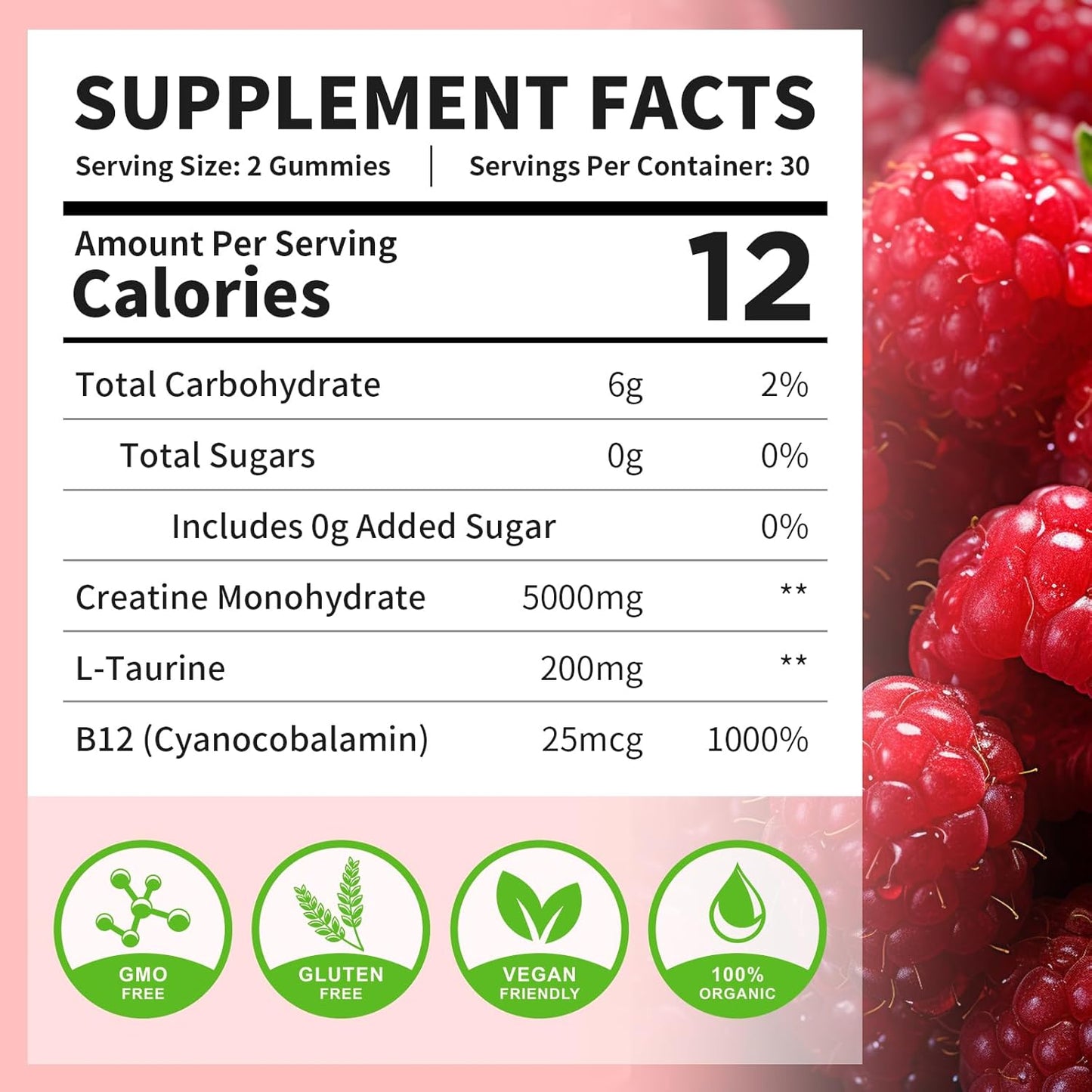 Sugar-Free Raspberry Flavored Creatine Monohydrate Gummies for Muscle Growth - 120 Count
