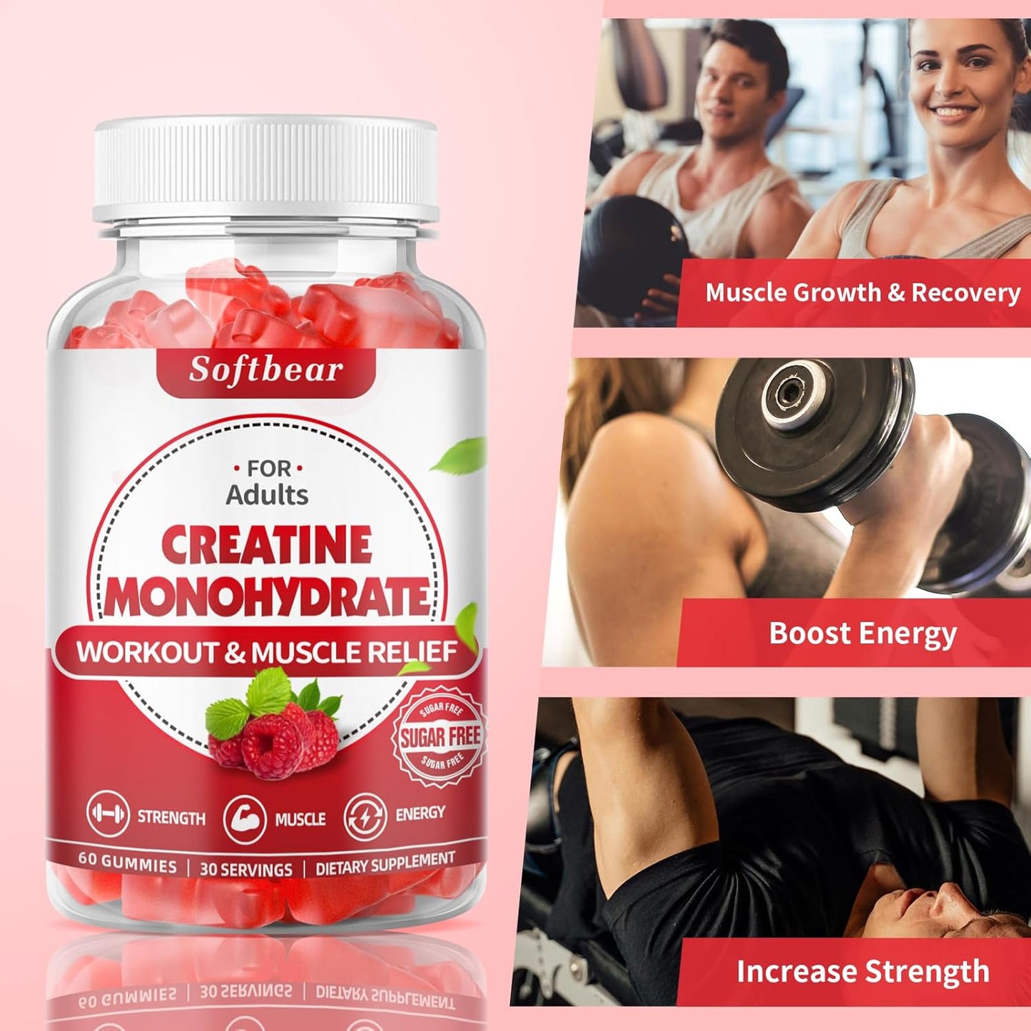 Sugar-Free Raspberry Flavored Creatine Monohydrate Gummies for Muscle Growth - 120 Count