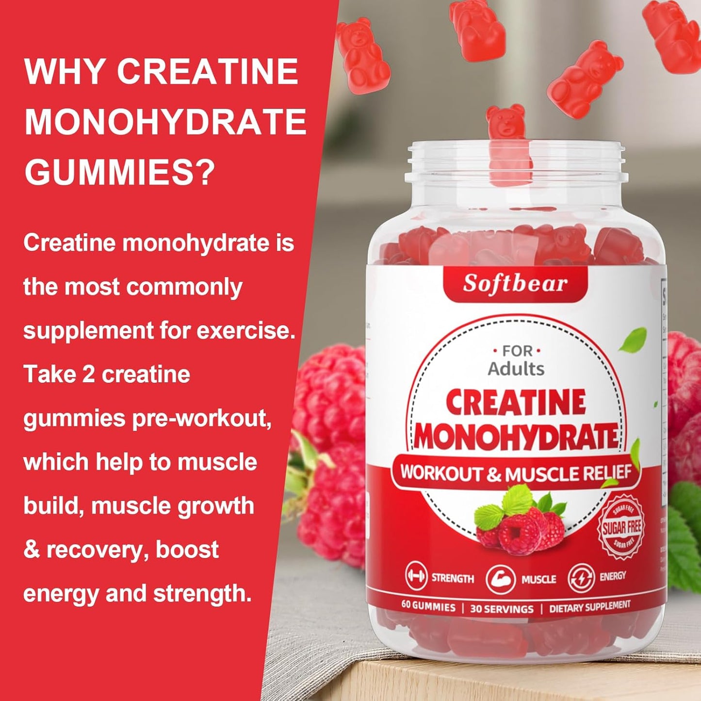 Sugar-Free Raspberry Flavored Creatine Monohydrate Gummies for Muscle Growth - 120 Count