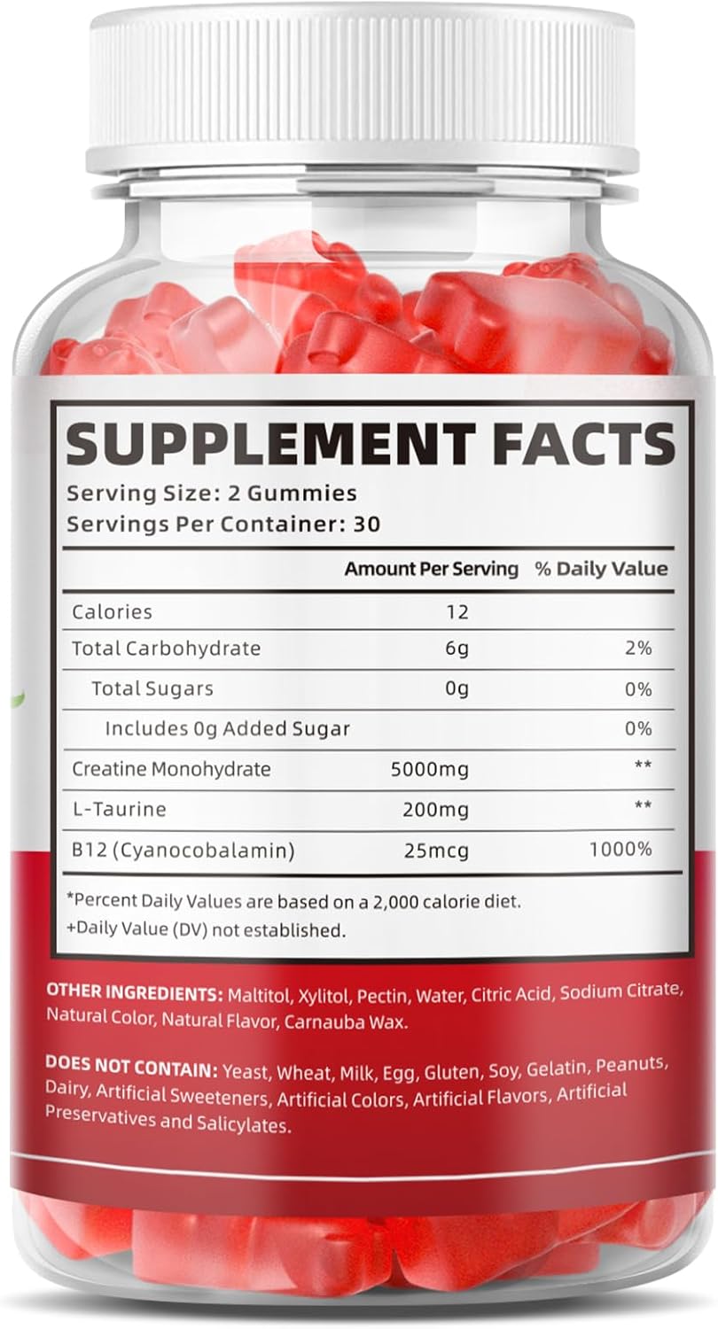 Sugar-Free Raspberry Flavored Creatine Monohydrate Gummies for Muscle Growth - 120 Count