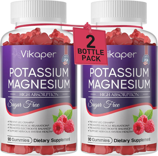 Sugar-Free Raspberry Flavored Potassium Magnesium Gummies 500mg Supplement for Improved Muscle and Heart Health - 180 Count