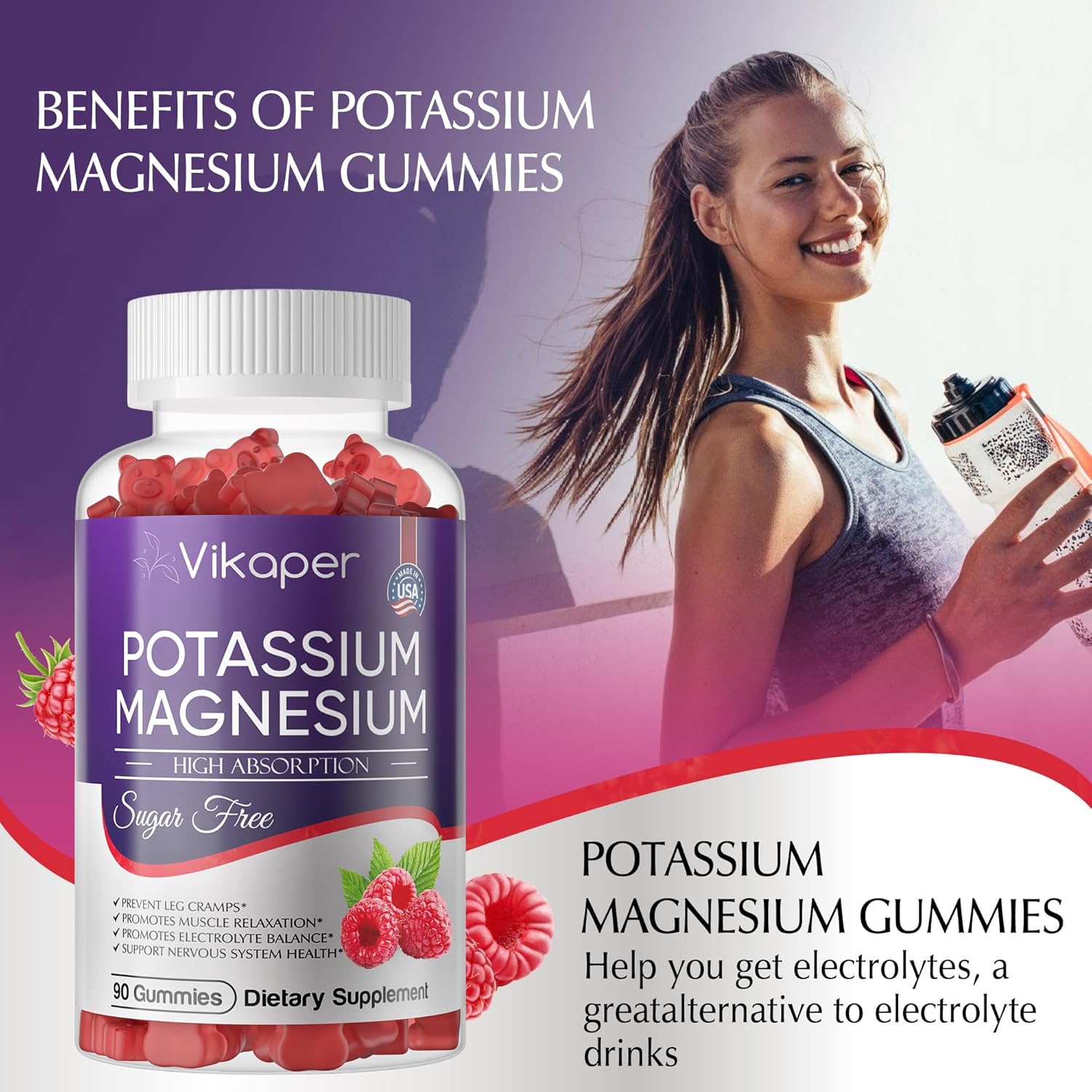 Sugar-Free Raspberry Flavored Potassium Magnesium Gummies 500mg Supplement for Improved Muscle and Heart Health - 180 Count