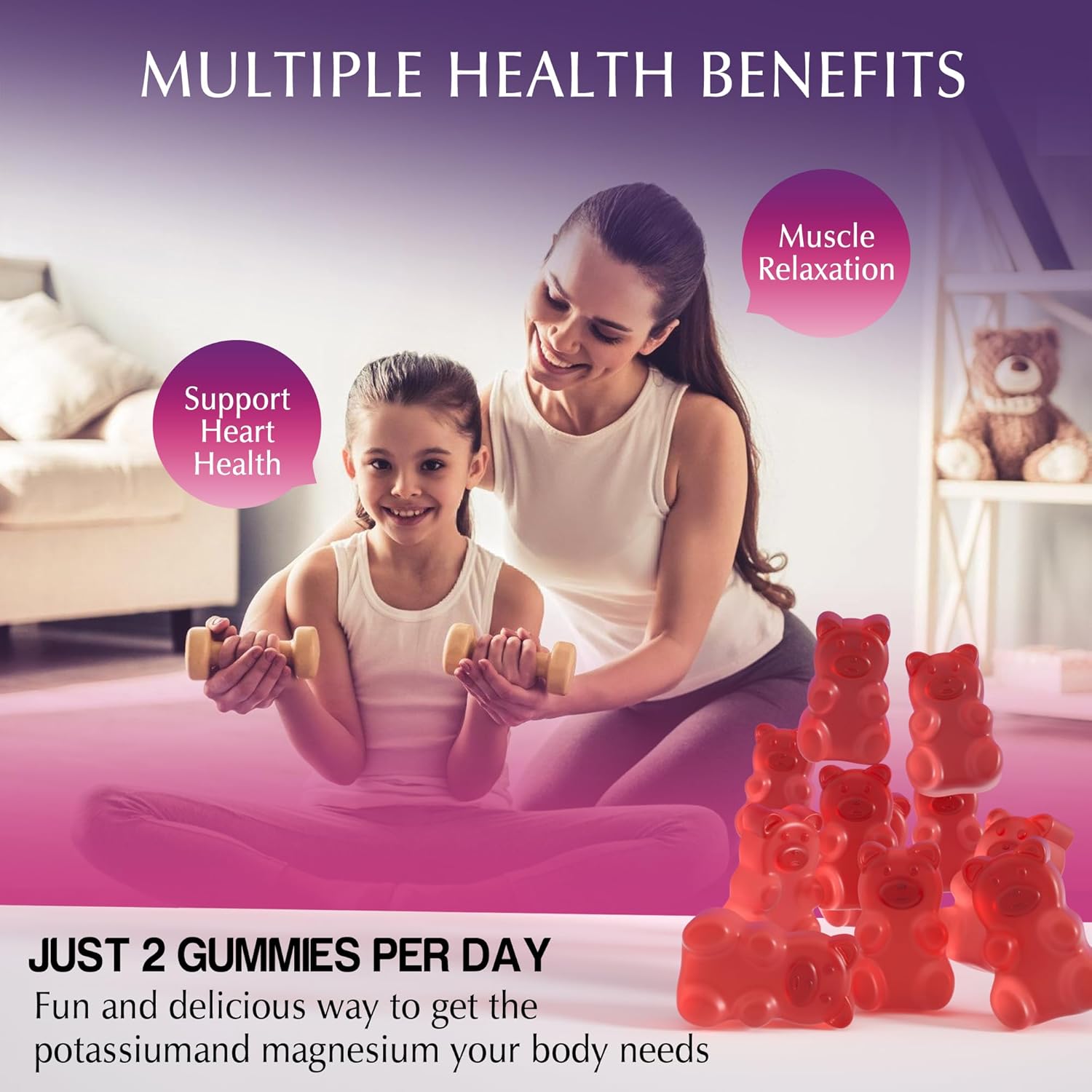 Sugar-Free Raspberry Flavored Potassium Magnesium Gummies 500mg Supplement for Improved Muscle and Heart Health - 180 Count