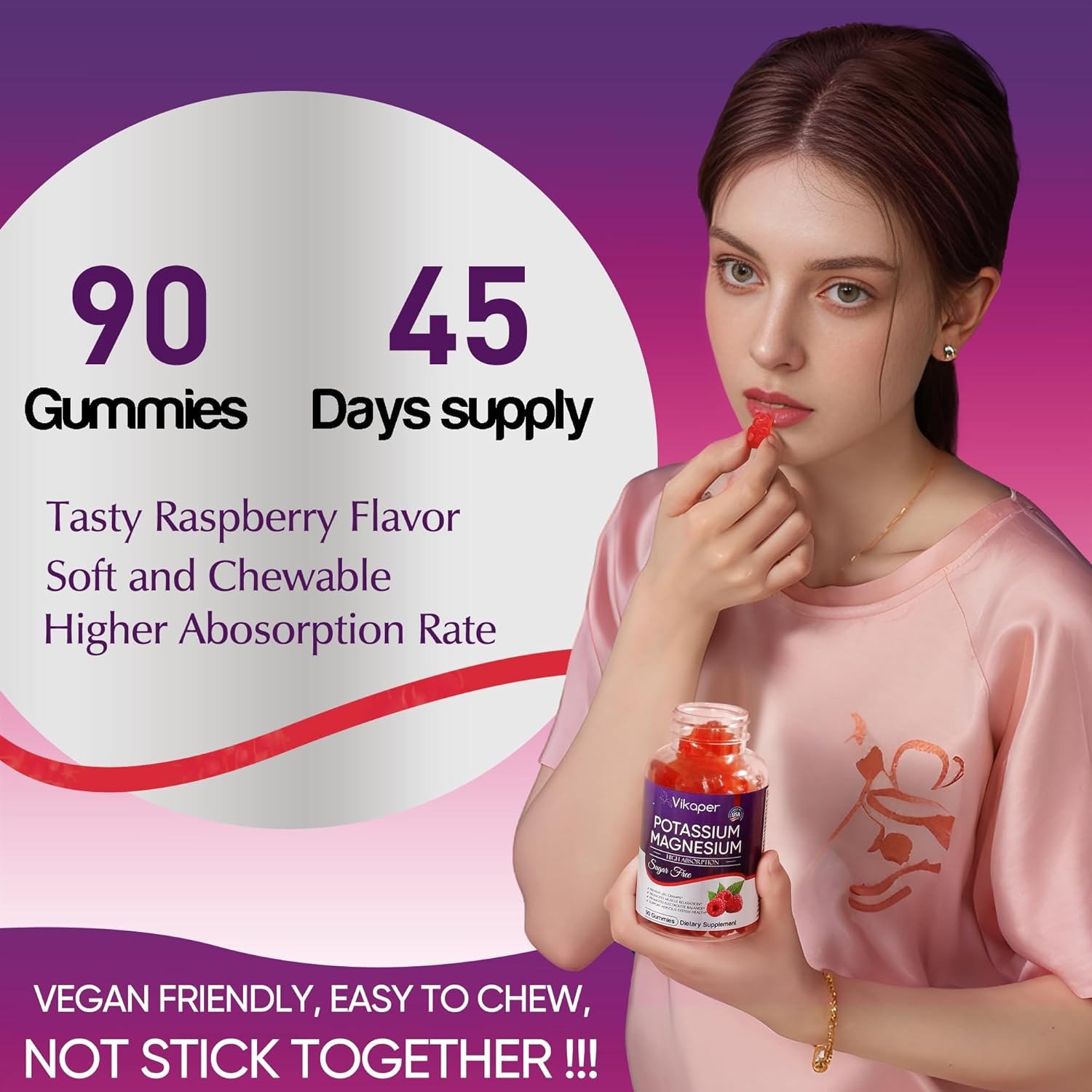 Sugar-Free Raspberry Flavored Potassium Magnesium Gummies 500mg Supplement for Improved Muscle and Heart Health - 180 Count