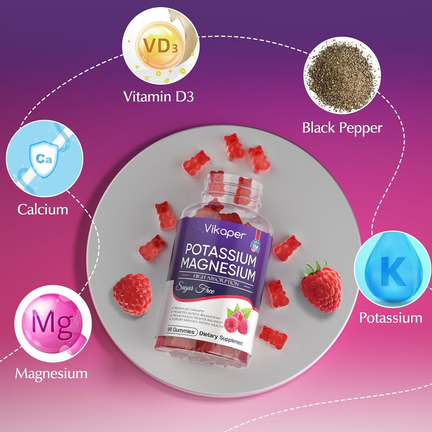 Sugar-Free Raspberry Flavored Potassium Magnesium Gummies 500mg Supplement for Improved Muscle and Heart Health - 180 Count