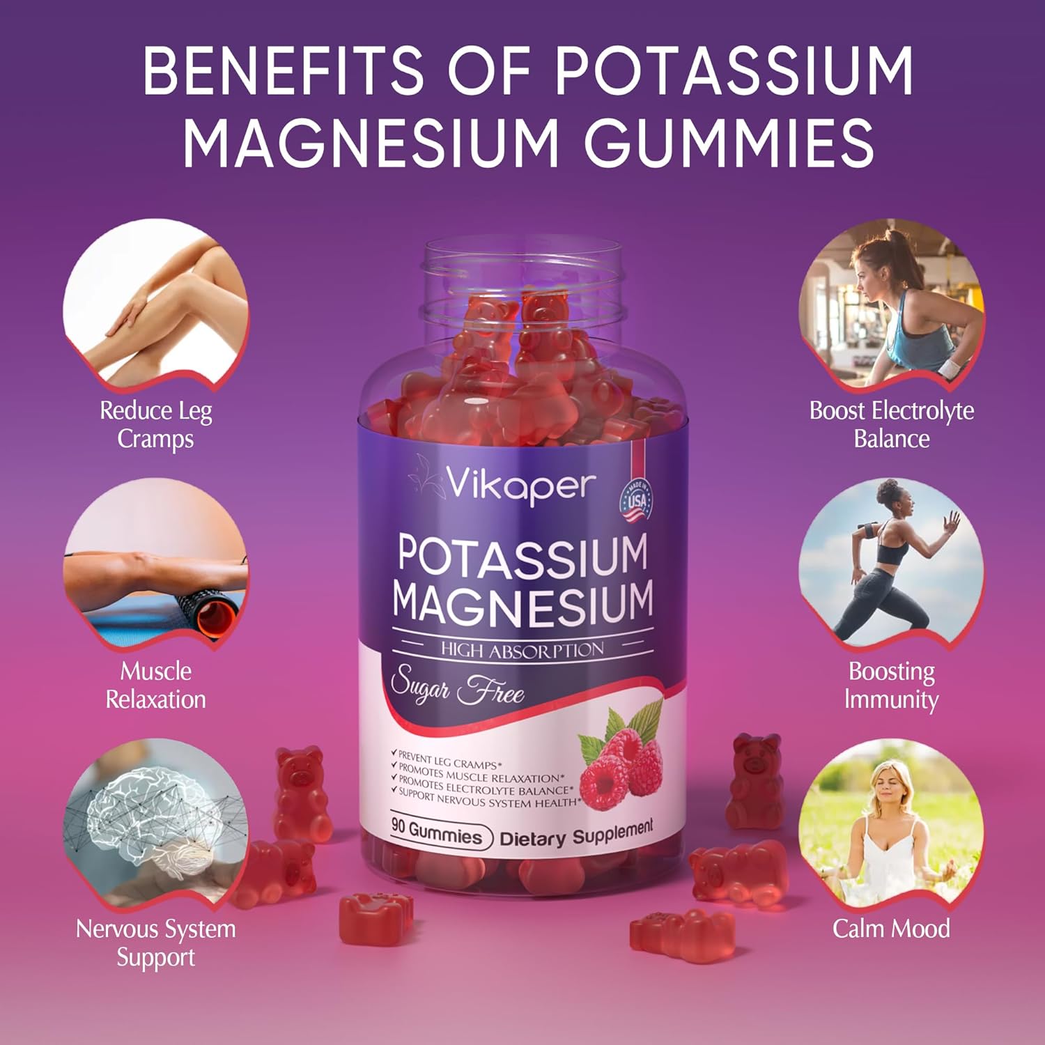 Sugar-Free Raspberry Flavored Potassium Magnesium Gummies 500mg Supplement for Improved Muscle and Heart Health - 180 Count