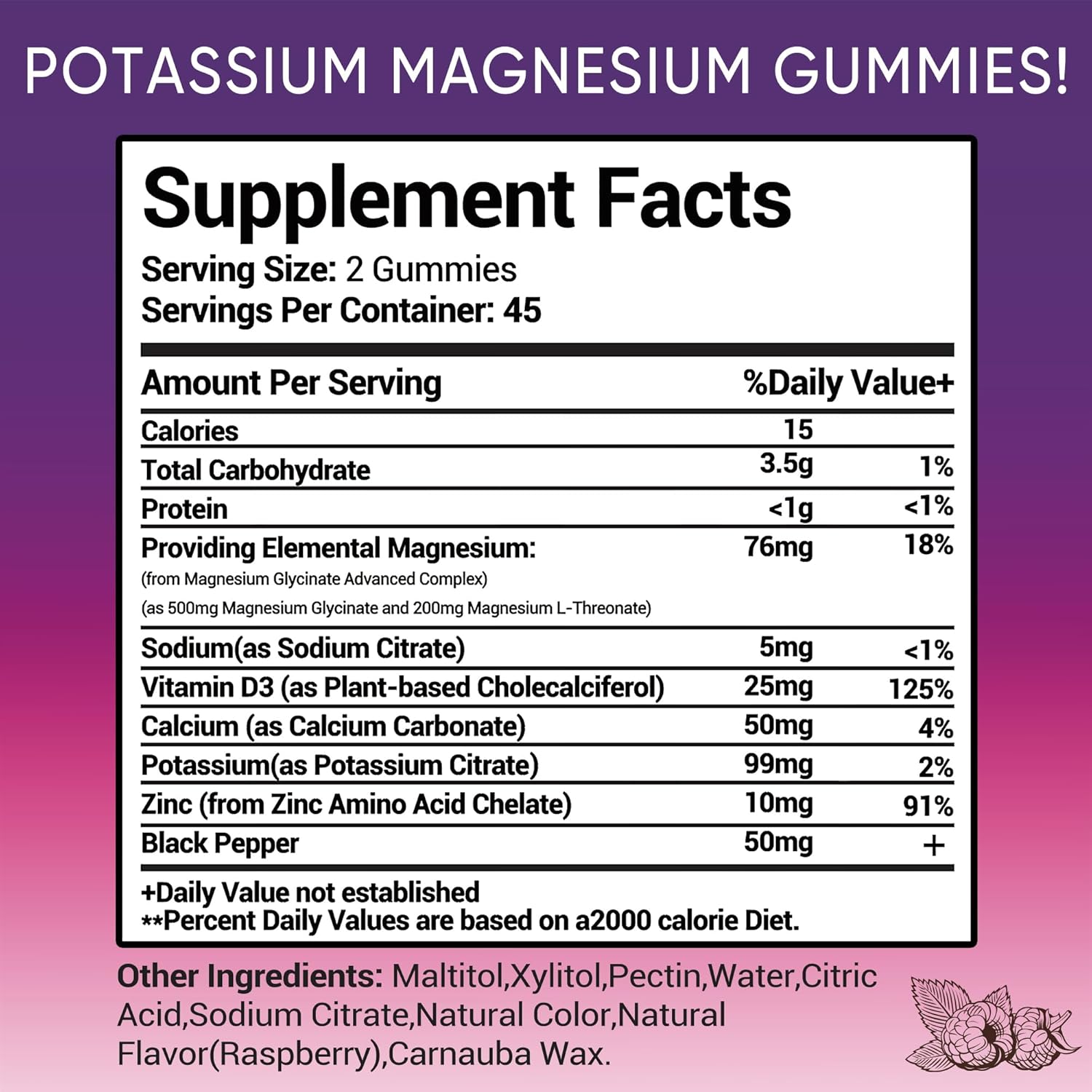 Sugar-Free Raspberry Flavored Potassium Magnesium Gummies 500mg Supplement for Improved Muscle and Heart Health - 180 Count