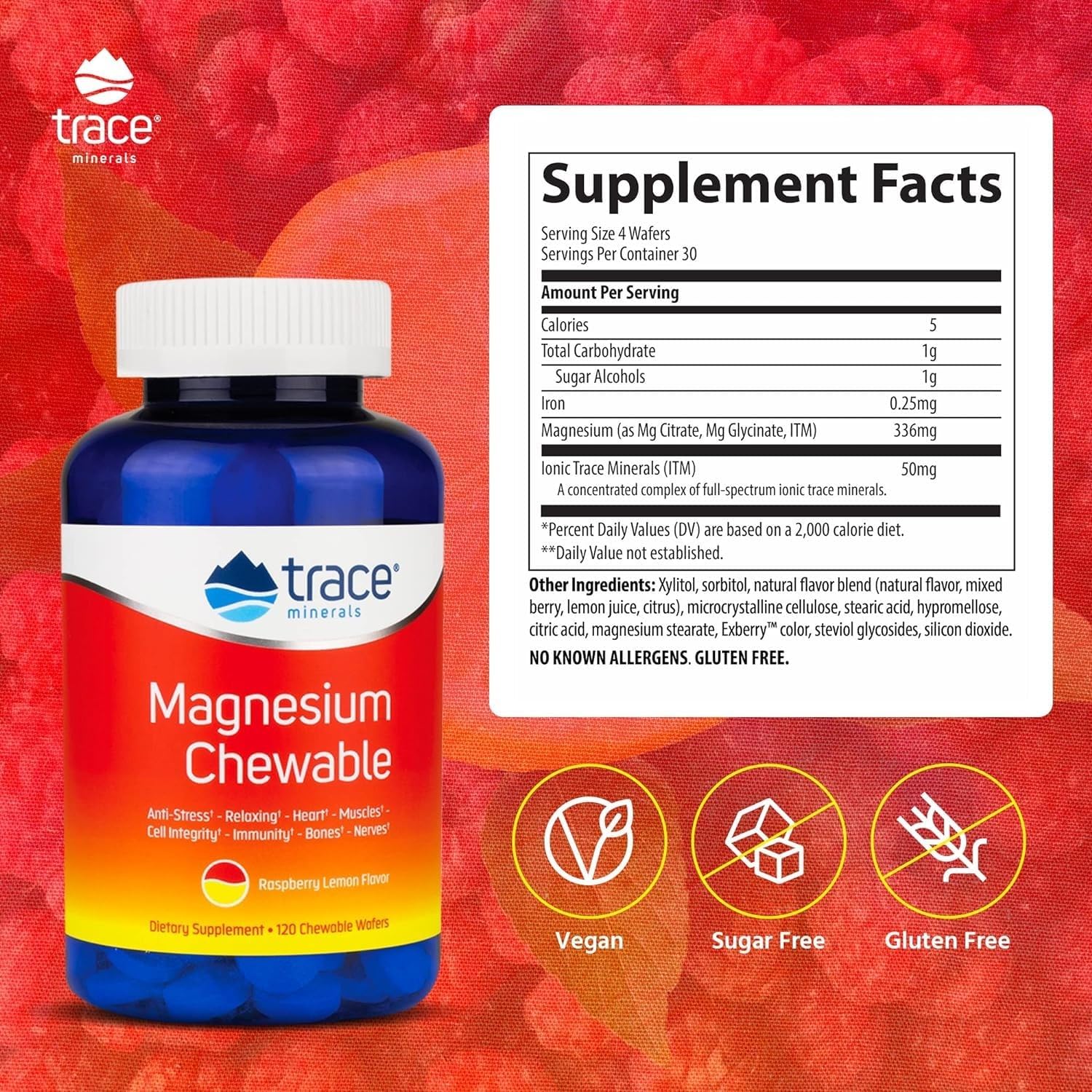 Sugar-Free Raspberry Lemon Magnesium Chewables for Adults & Kids | 120 ct, 30 Servings | Trace Minerals | Magnesium Glycinate & Citrate