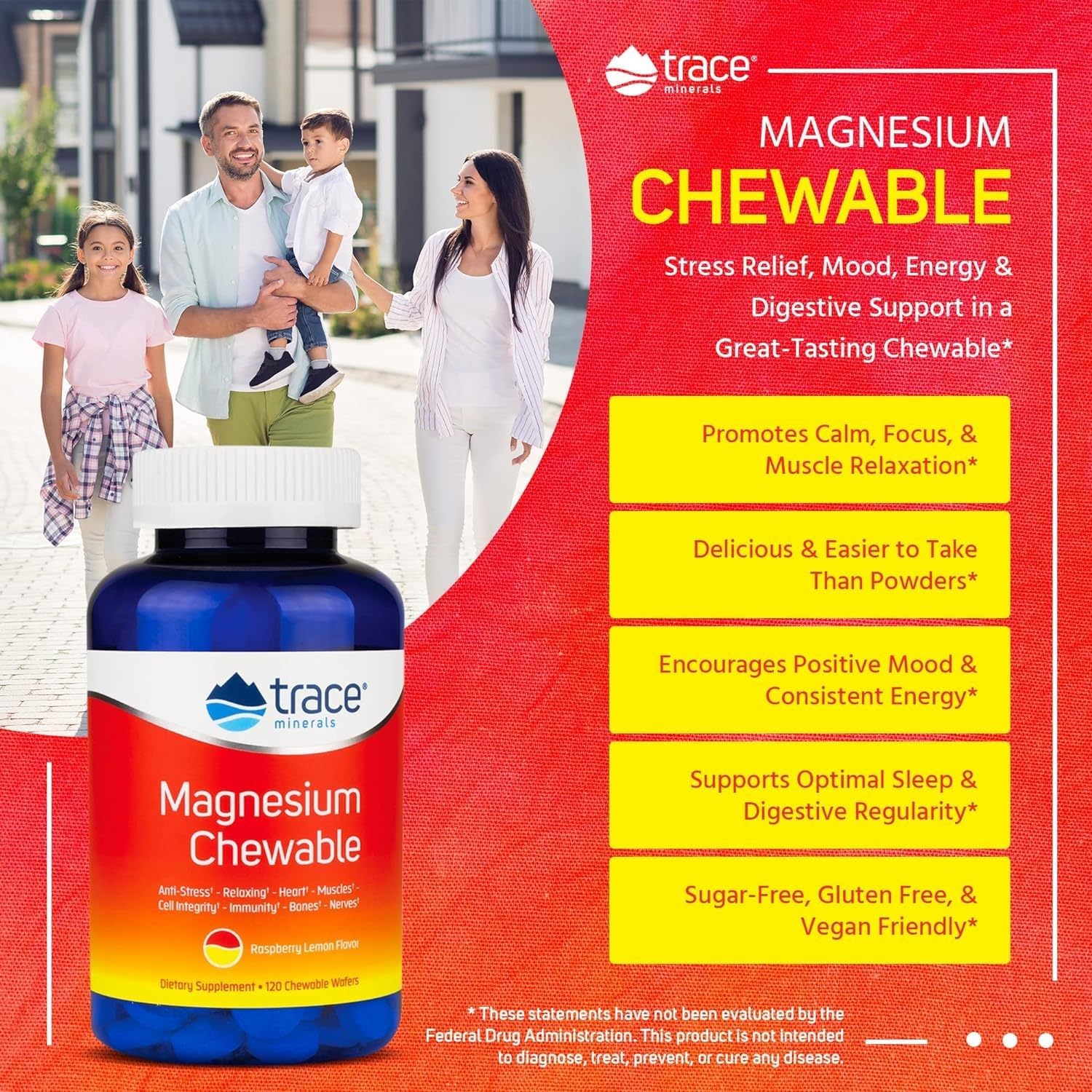 Sugar-Free Raspberry Lemon Magnesium Chewables for Adults & Kids | 120 ct, 30 Servings | Trace Minerals | Magnesium Glycinate & Citrate