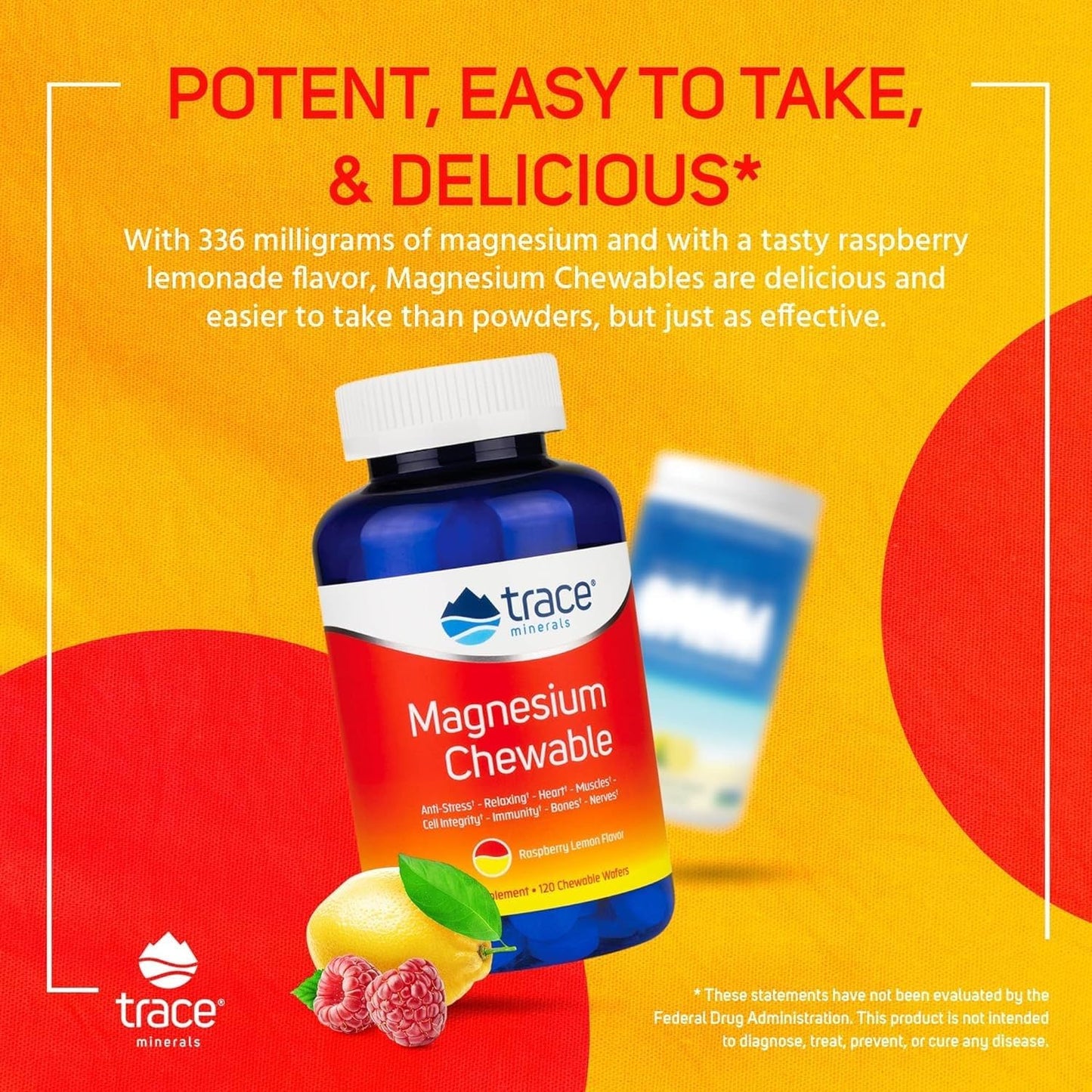 Sugar-Free Raspberry Lemon Magnesium Chewables for Adults & Kids | 120 ct, 30 Servings | Trace Minerals | Magnesium Glycinate & Citrate