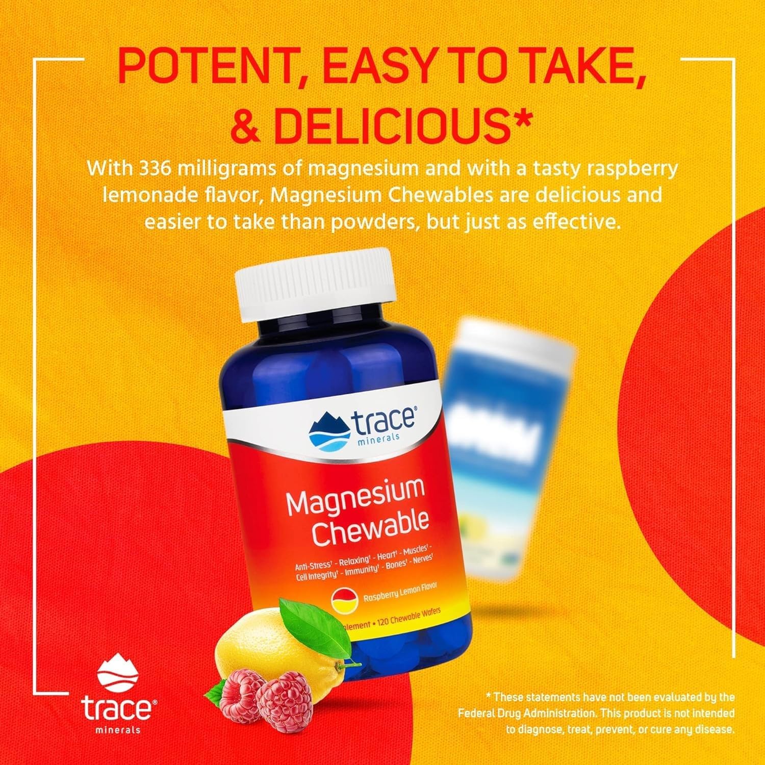 Sugar-Free Raspberry Lemon Magnesium Chewables for Adults & Kids | 120 ct, 30 Servings | Trace Minerals | Magnesium Glycinate & Citrate