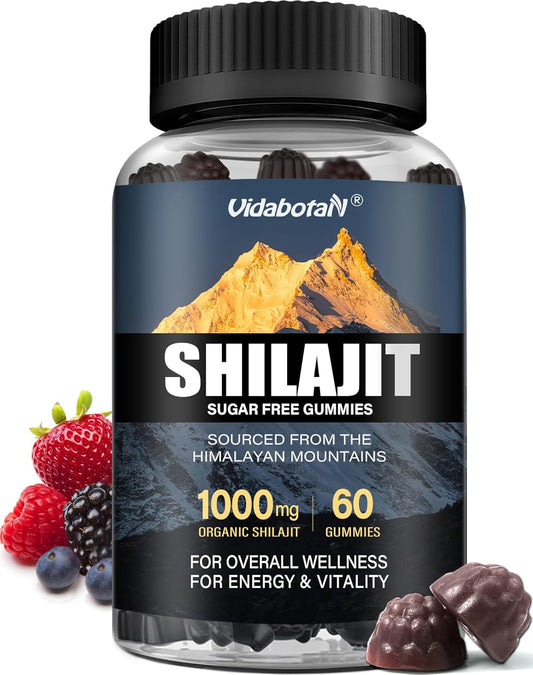 Sugar-Free Shilajit Gummies 1000mg with Ashwagandha for Energy & Immunity - Pure Supplement for Men & Women - 85+ Trace Minerals & Fulvic Acid - Mixed Berry Flavor - 60 Gummies