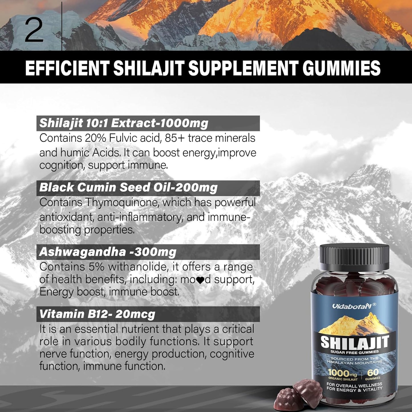 Sugar-Free Shilajit Gummies 1000mg with Ashwagandha for Energy & Immunity - Pure Supplement for Men & Women - 85+ Trace Minerals & Fulvic Acid - Mixed Berry Flavor - 60 Gummies