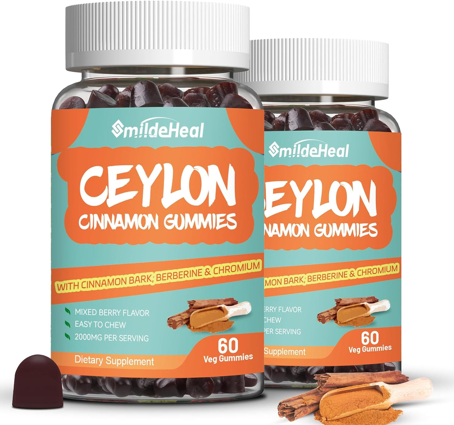 Sugar Free SmildeHeal Ceylon Cinnamon Gummies 2000MG with Chromium and Cinnamon Bark - Vegan, Non-GMO, Gluten Free - 2 Pack, 120 Gummies - BoostGo Australia