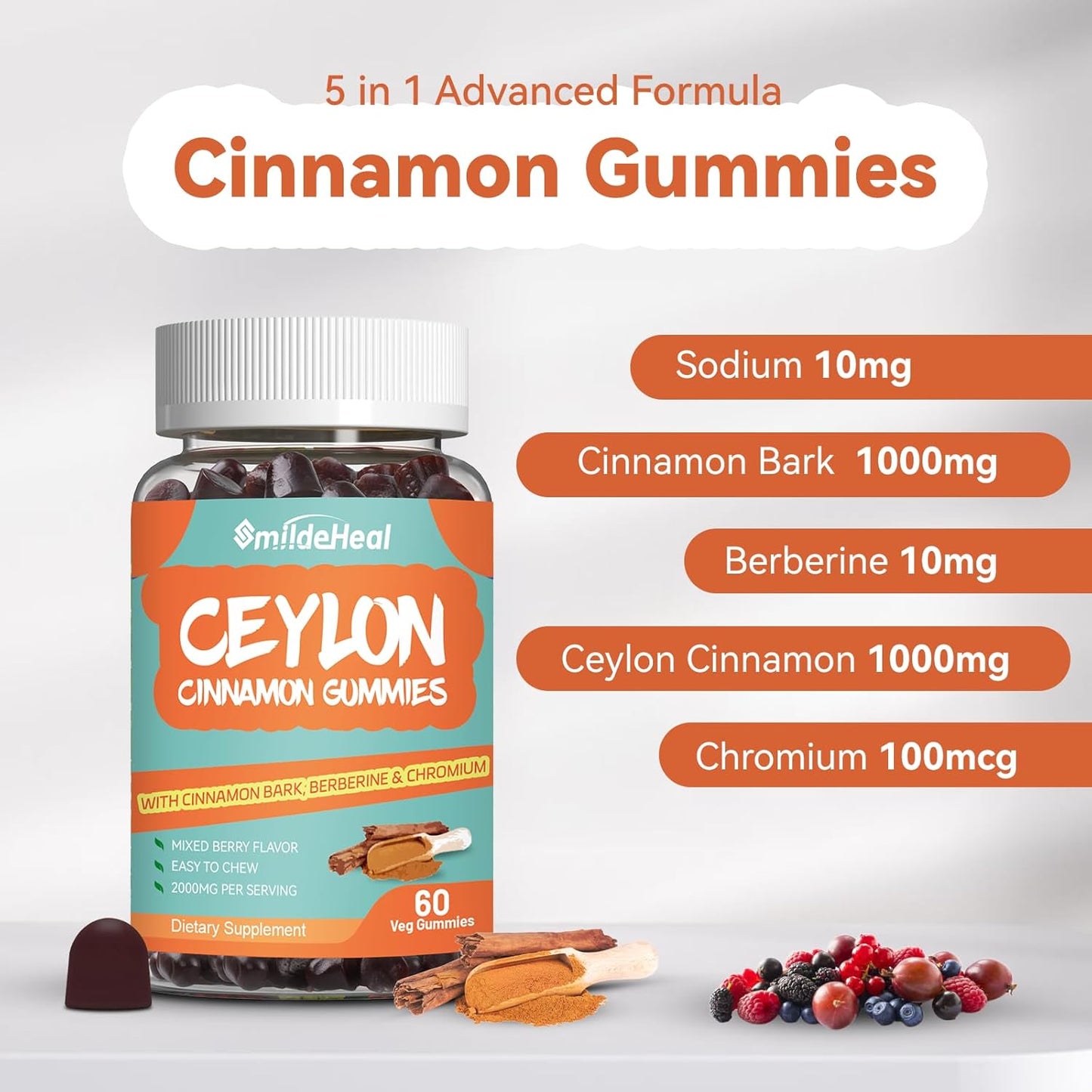Sugar Free SmildeHeal Ceylon Cinnamon Gummies 2000MG with Chromium and Cinnamon Bark - Vegan, Non-GMO, Gluten Free - 2 Pack, 120 Gummies - BoostGo Australia