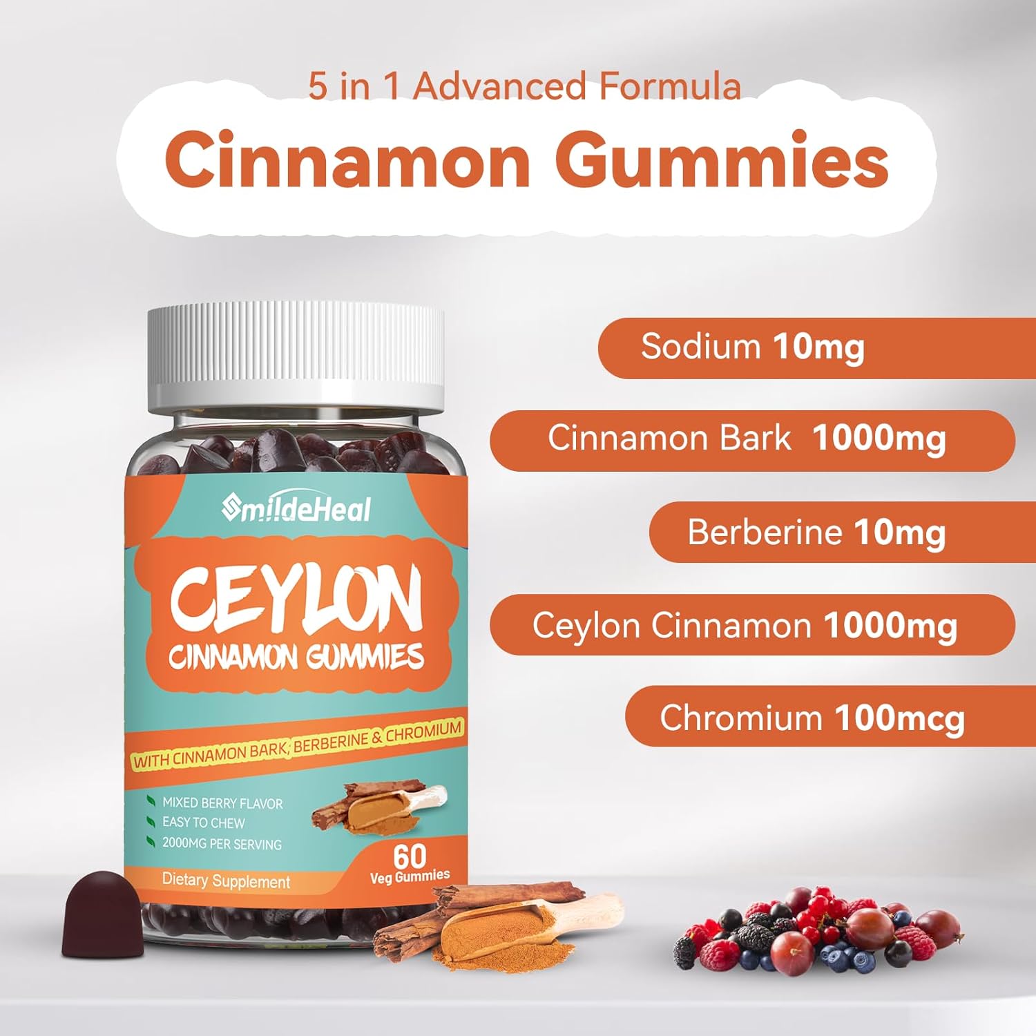 Sugar Free SmildeHeal Ceylon Cinnamon Gummies 2000MG with Chromium and Cinnamon Bark - Vegan, Non-GMO, Gluten Free - 2 Pack, 120 Gummies - BoostGo Australia