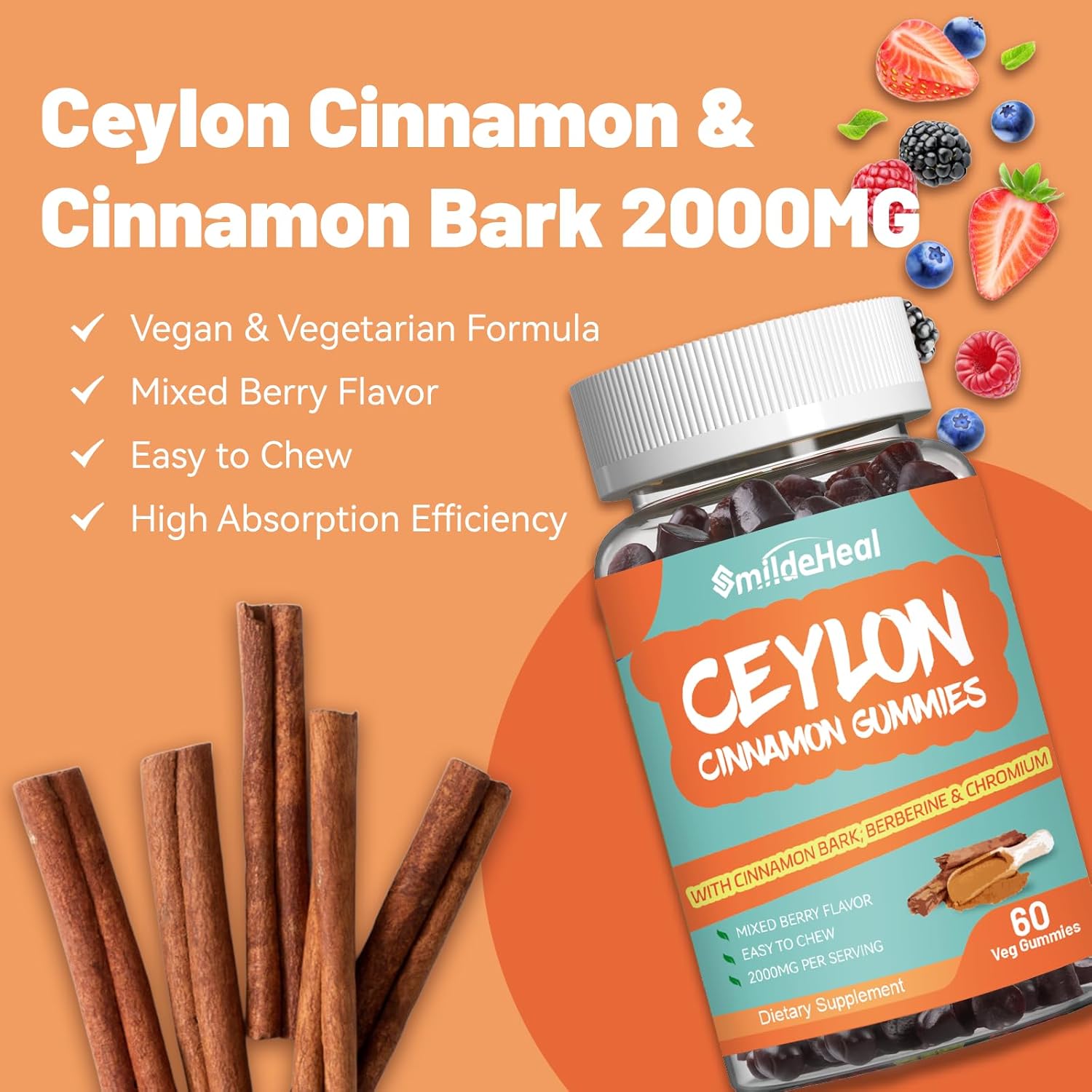 Sugar Free SmildeHeal Ceylon Cinnamon Gummies 2000MG with Chromium and Cinnamon Bark - Vegan, Non-GMO, Gluten Free - 2 Pack, 120 Gummies - BoostGo Australia
