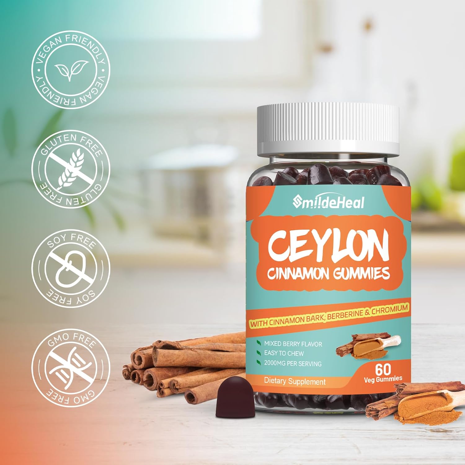 Sugar Free SmildeHeal Ceylon Cinnamon Gummies 2000MG with Chromium and Cinnamon Bark - Vegan, Non-GMO, Gluten Free - 2 Pack, 120 Gummies - BoostGo Australia