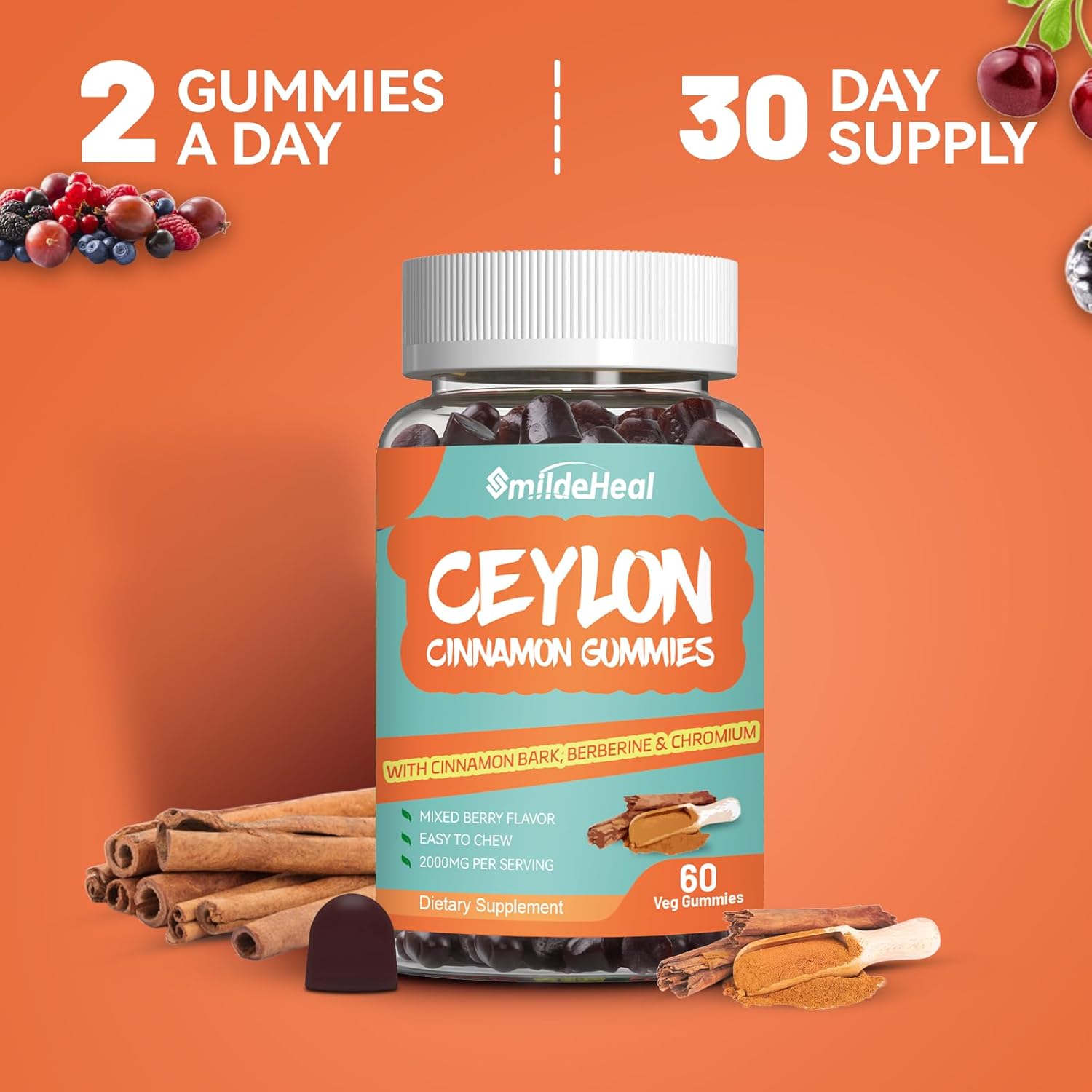 Sugar Free SmildeHeal Ceylon Cinnamon Gummies 2000MG with Chromium and Cinnamon Bark - Vegan, Non-GMO, Gluten Free - 2 Pack, 120 Gummies - BoostGo Australia