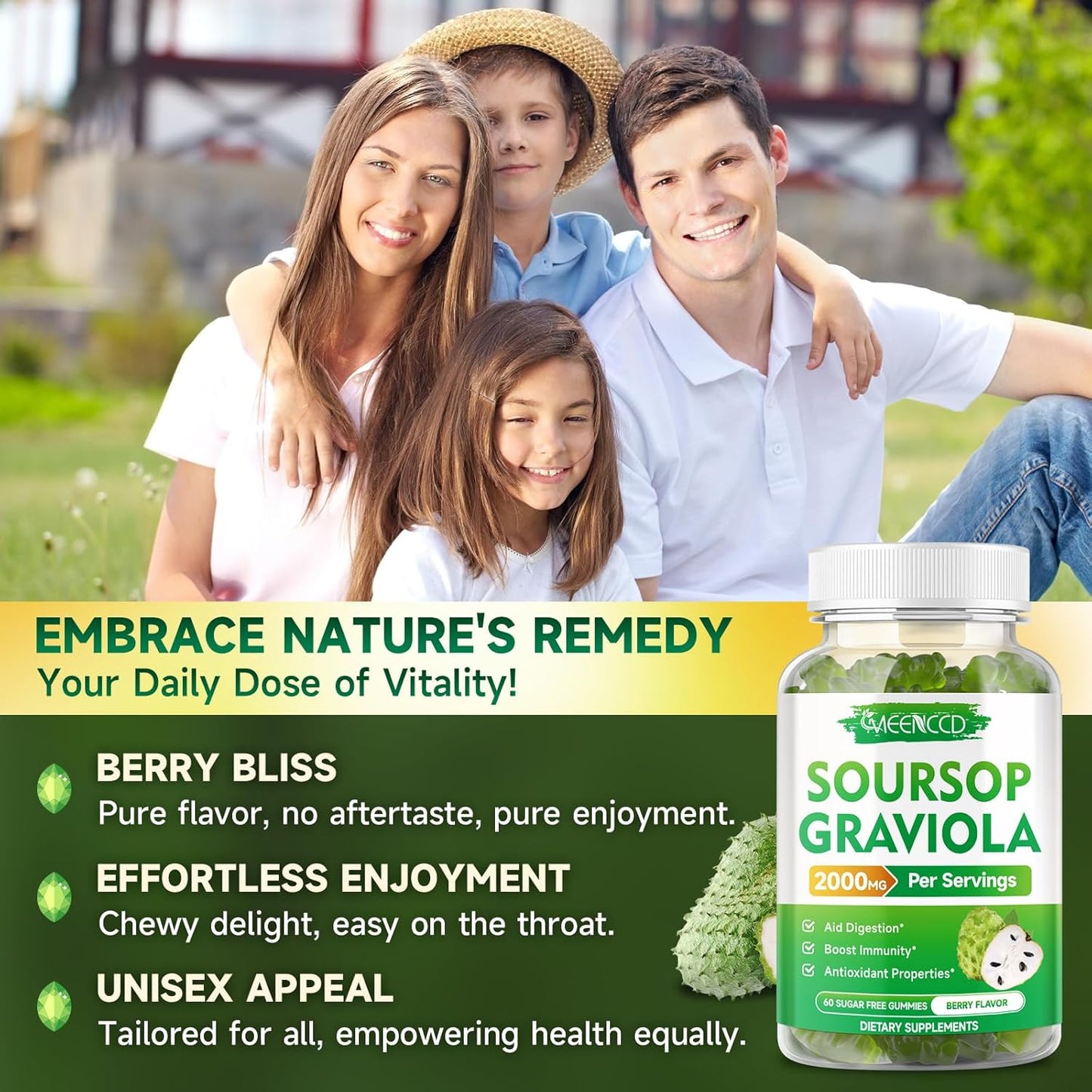 Sugar-Free Soursop Graviola Gummies - 2000mg Extract with Vitamin C & Zinc for Immunity & Antioxidant Support - Vegan, High-Absorption - 120 Berry Flavor Gummies
